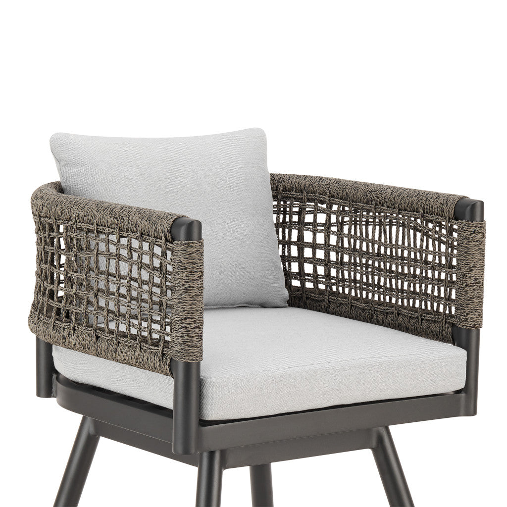 30" Black and Light Gray Aluminum Swivel Rope Back Outdoor Bar Height Chair with Footrest-Outdoor Bar Chairs-DECOROLALA