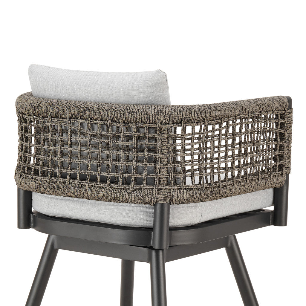 30" Black and Light Gray Aluminum Swivel Rope Back Outdoor Bar Height Chair with Footrest-Outdoor Bar Chairs-DECOROLALA