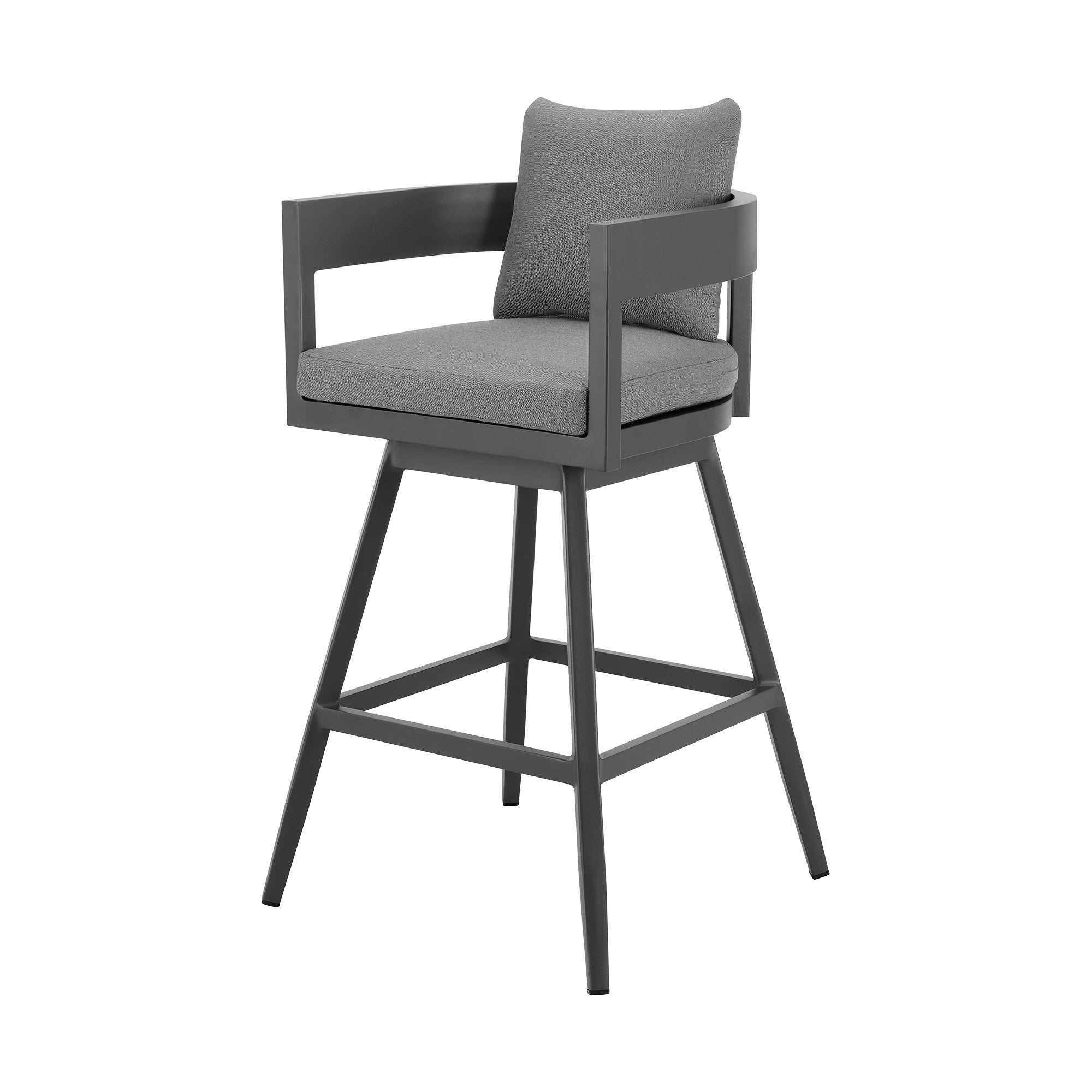 34" Dark Gray Metal Swivel Low back Outdoor Counter Height Bar chair with Footrest-Outdoor Bar Chairs-DECOROLALA