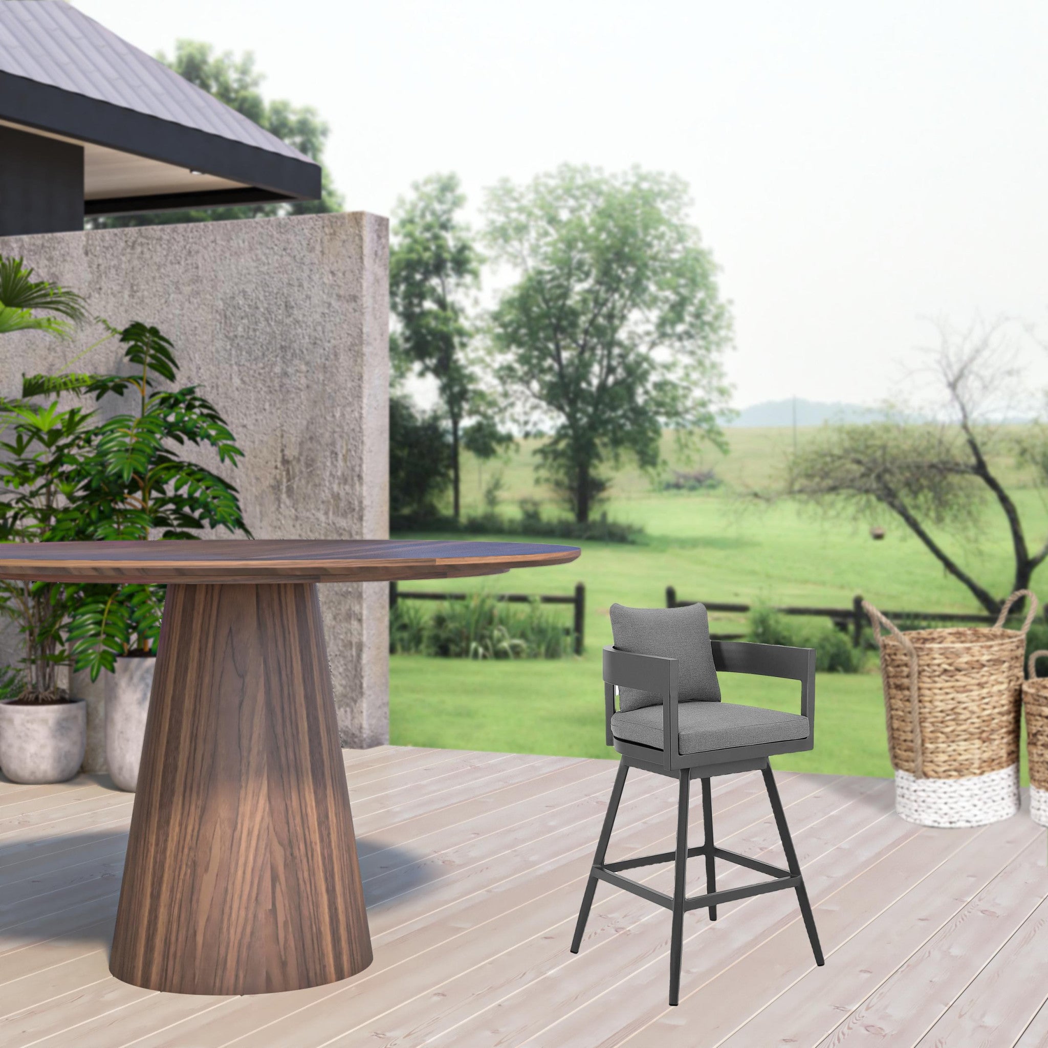 34" Dark Gray Metal Swivel Low back Outdoor Counter Height Bar chair with Footrest-Outdoor Bar Chairs-DECOROLALA