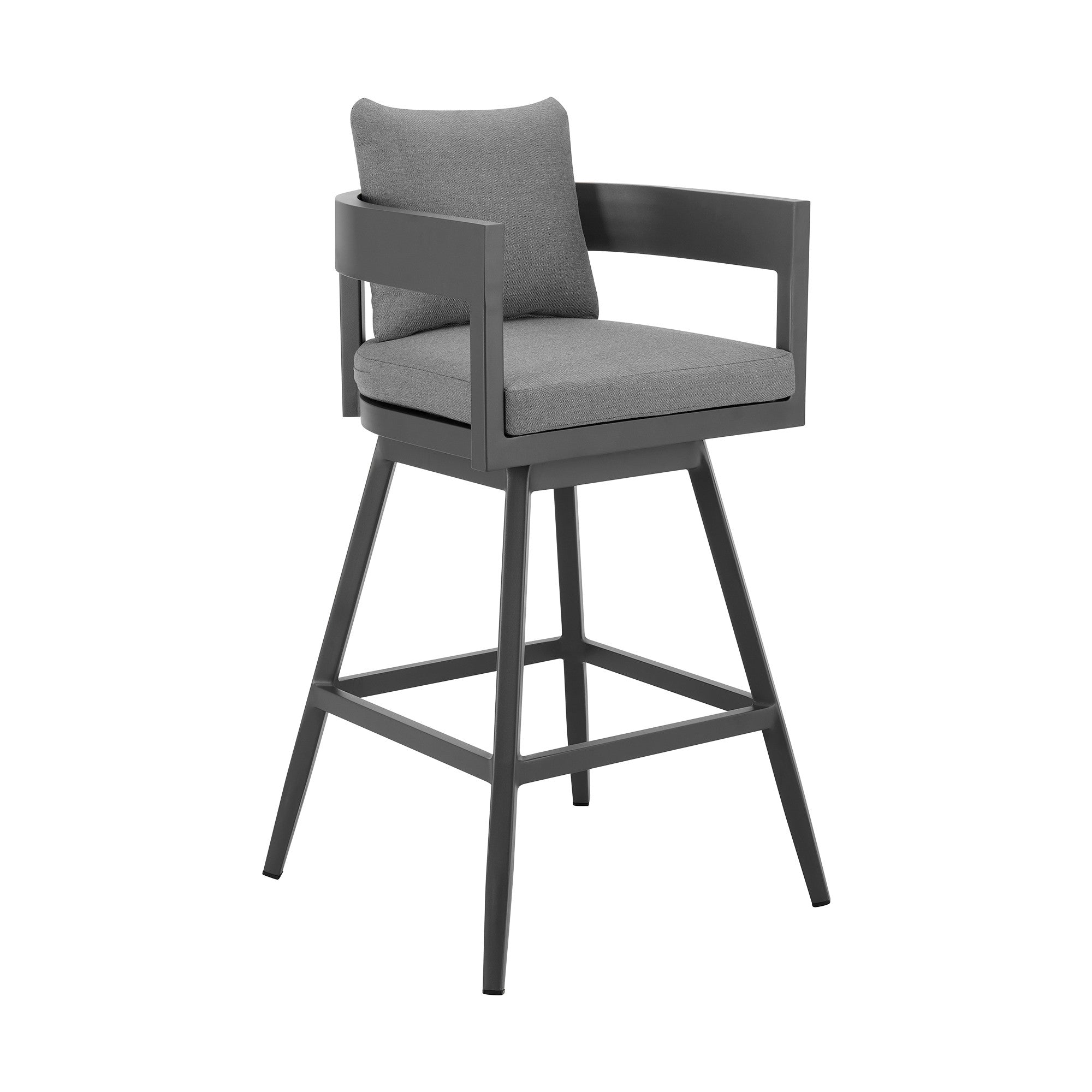 34" Dark Gray Metal Swivel Low back Outdoor Counter Height Bar chair with Footrest-Outdoor Bar Chairs-DECOROLALA