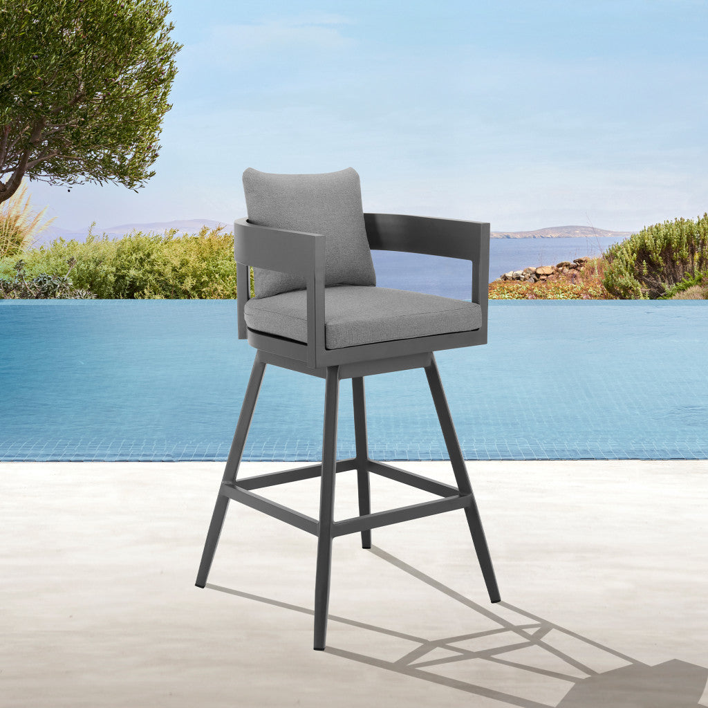 34" Dark Gray Metal Swivel Low back Outdoor Counter Height Bar chair with Footrest-Outdoor Bar Chairs-DECOROLALA