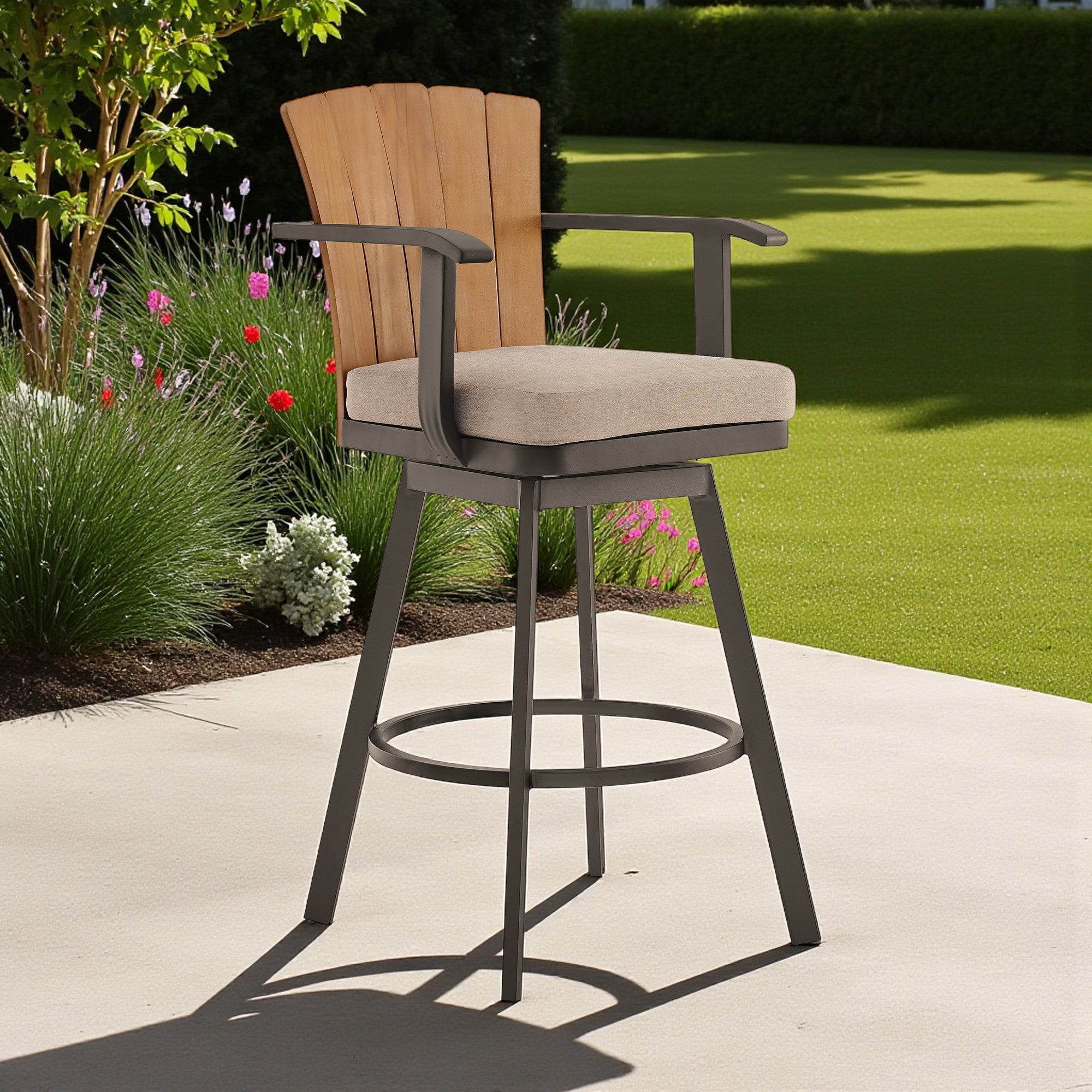40" Brown Metal Swivel Outdoor Counter Height Bar chair with Footrest-Outdoor Bar Chairs-DECOROLALA