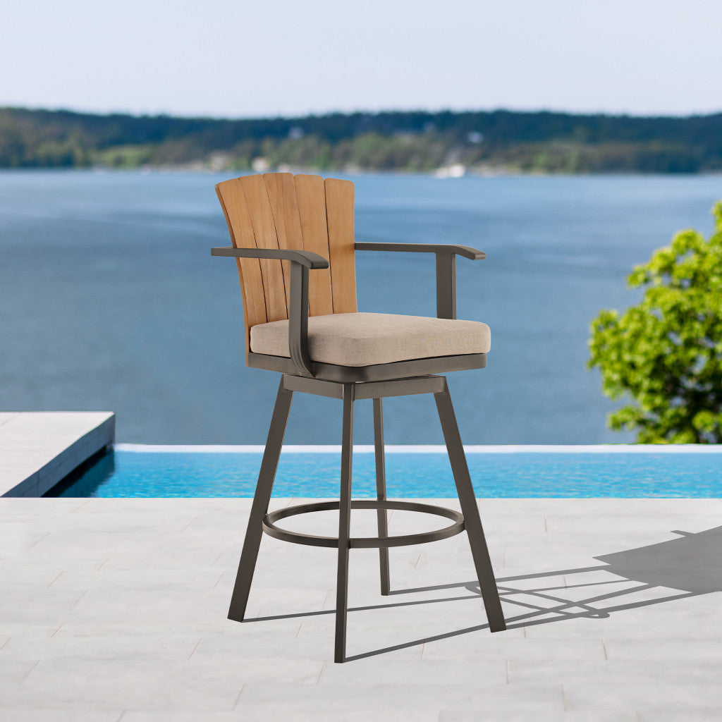 40" Brown Metal Swivel Outdoor Counter Height Bar chair with Footrest-Outdoor Bar Chairs-DECOROLALA