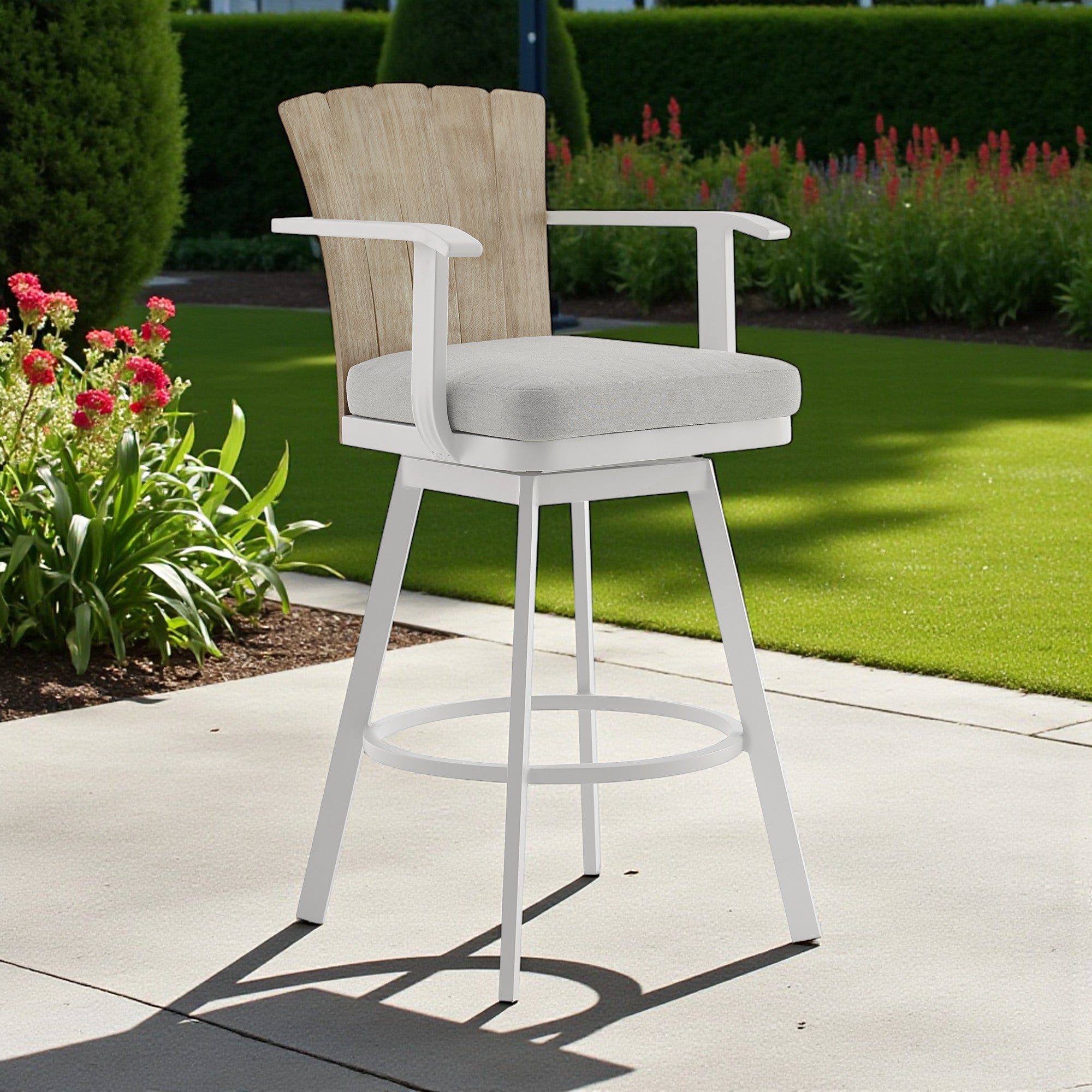 40" Gray Metal Swivel Outdoor Counter Height Bar chair with Footrest-Outdoor Bar Chairs-DECOROLALA