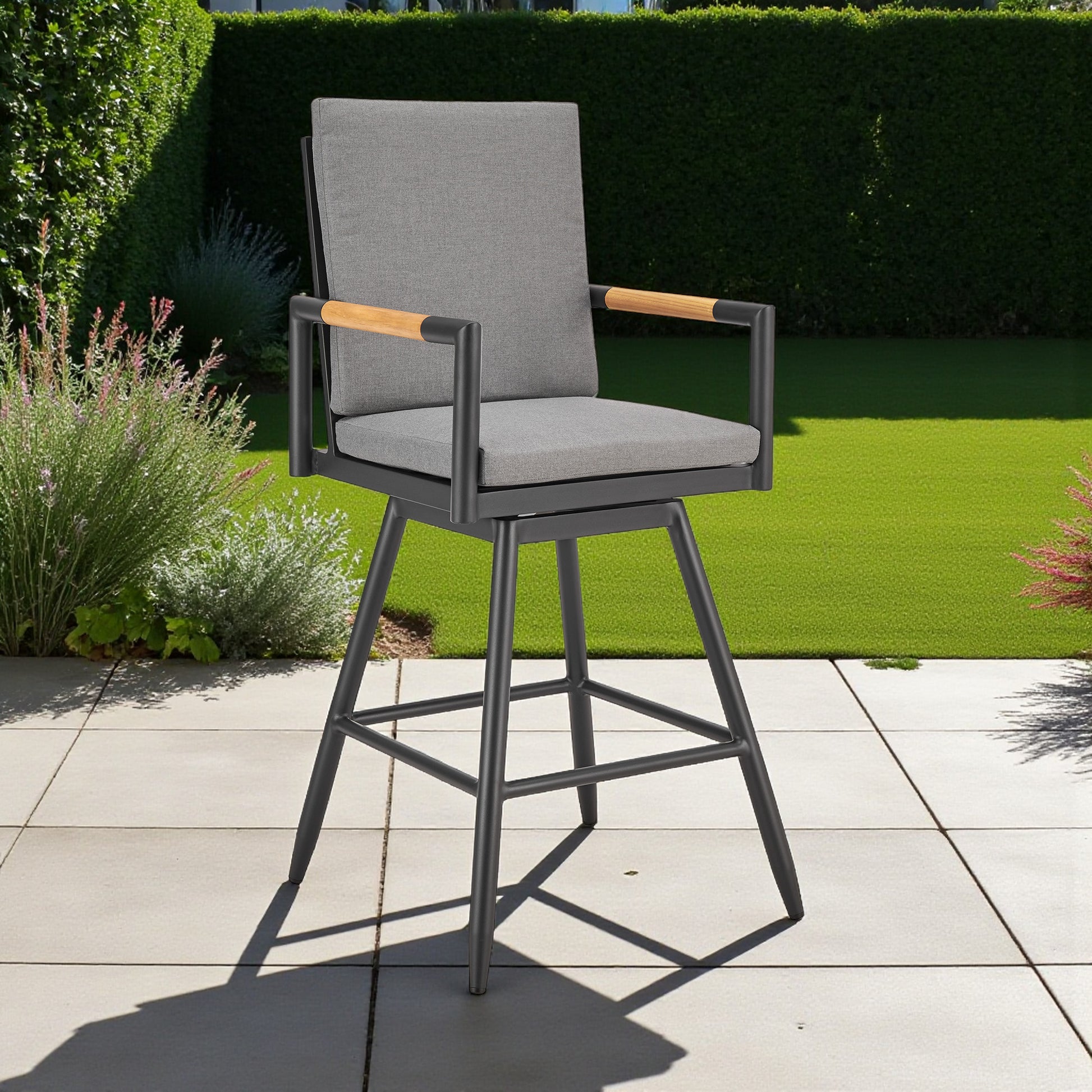 48" Dark Gray Metal Swivel Outdoor Bar Height chair with Footrest-Outdoor Bar Chairs-DECOROLALA