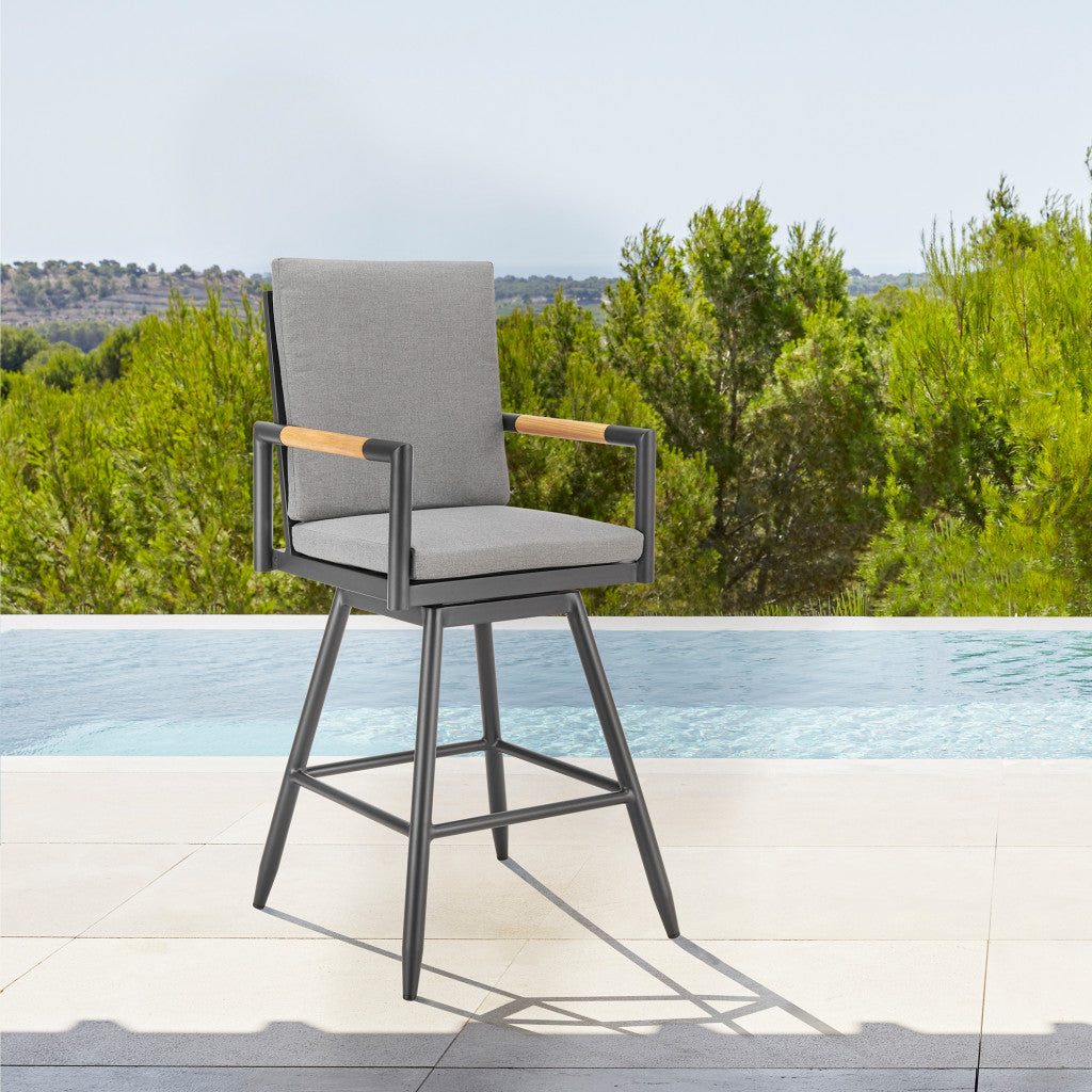 48" Dark Gray Metal Swivel Outdoor Bar Height chair with Footrest-Outdoor Bar Chairs-DECOROLALA