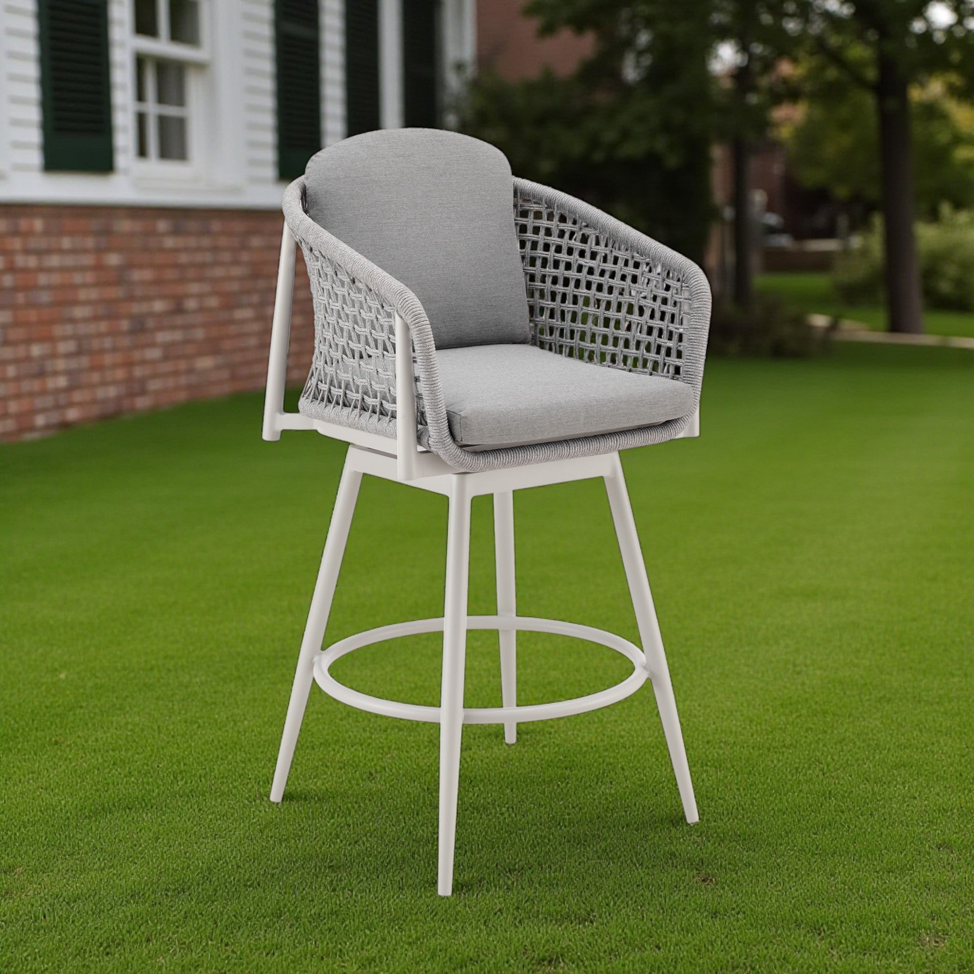 40" Light Gray Metal Swivel Outdoor Counter Height Bar chair with Footrest-Outdoor Bar Chairs-DECOROLALA