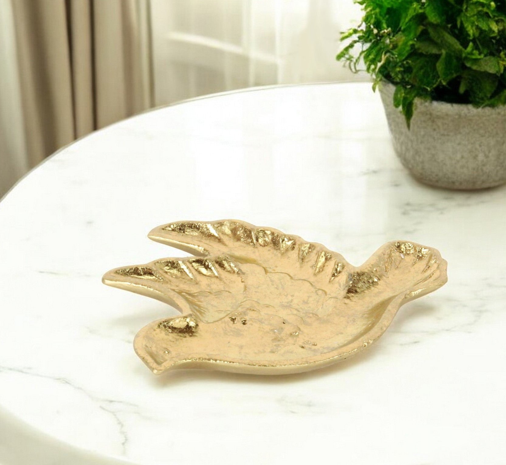 7" Gold Cast Iron Dove Handmade Trinket Tray-0