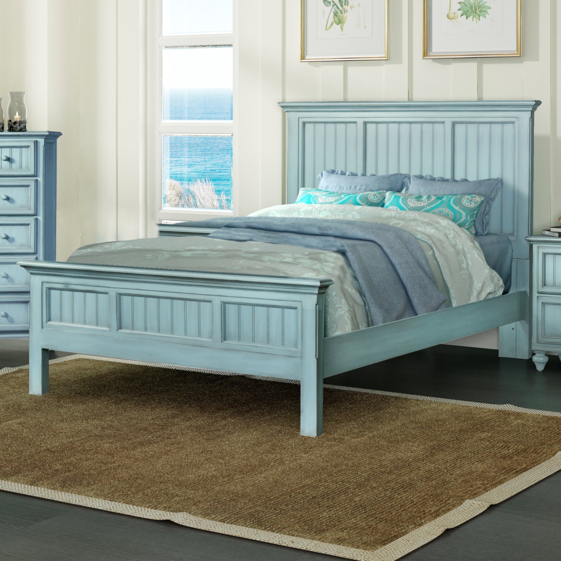 Aqua Blue Ribbed Texture Distressed Solid Wood Queen Bed Frame-7