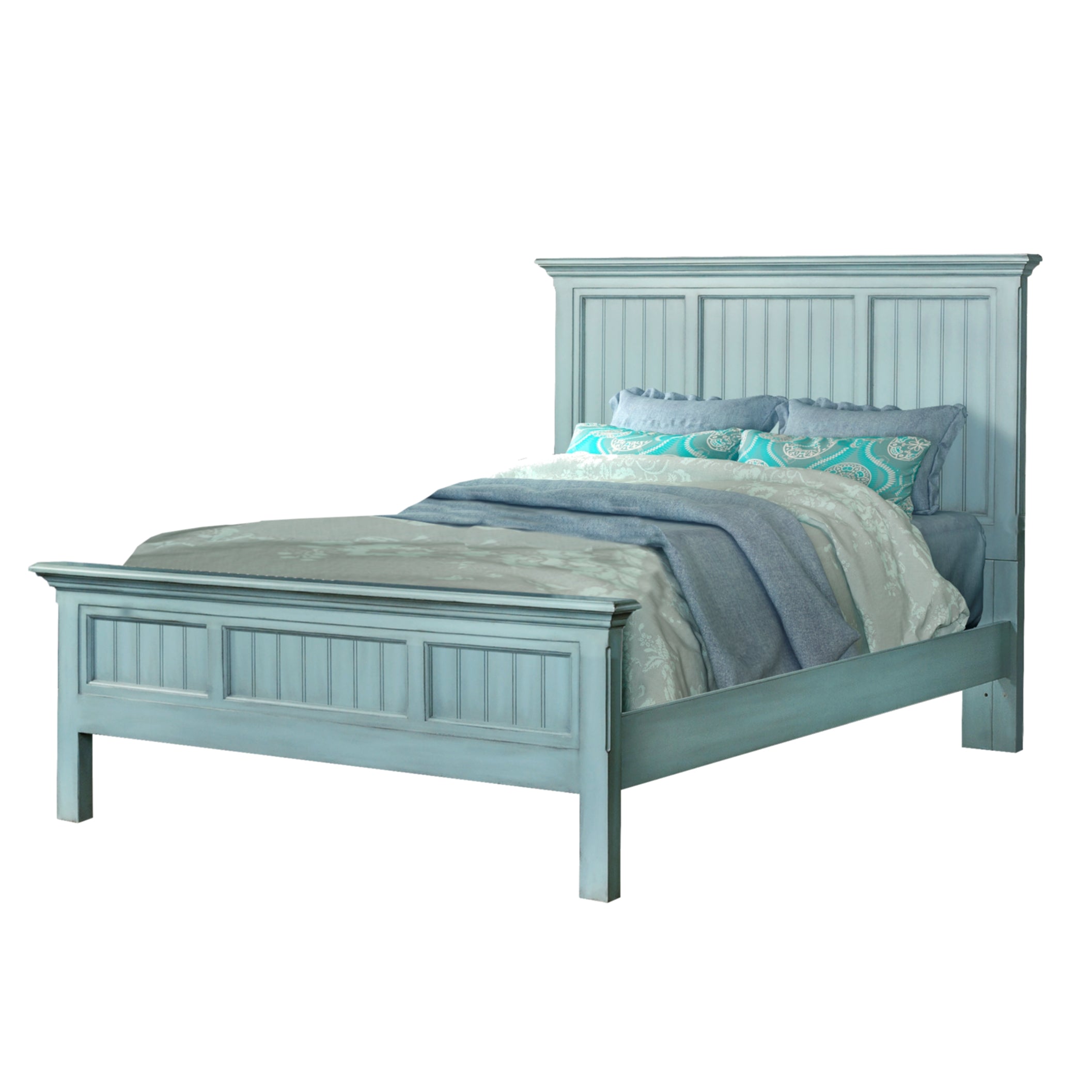 Aqua Blue Ribbed Texture Distressed Solid Wood Queen Bed Frame-1