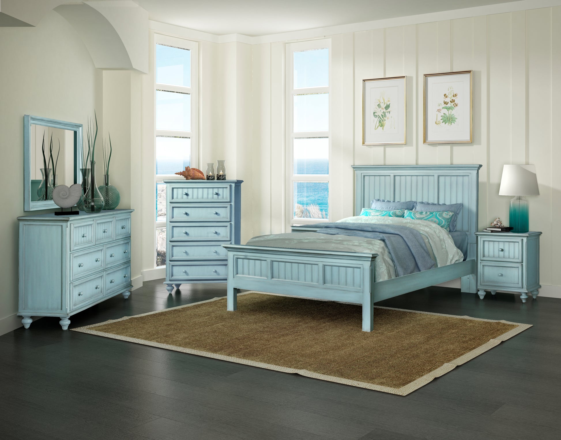 Aqua Blue Ribbed Texture Distressed Solid Wood Queen Bed Frame-8