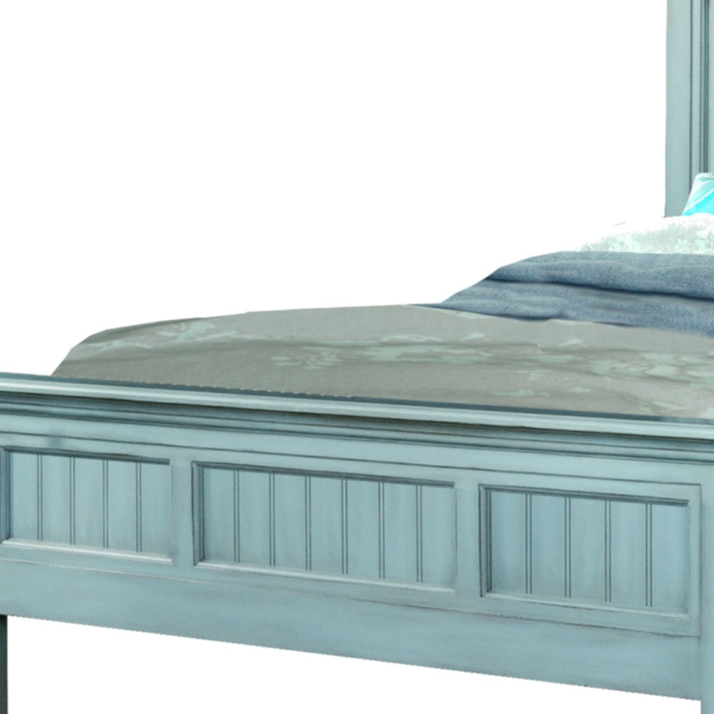 Aqua Blue Ribbed Texture Distressed Solid Wood Queen Bed Frame-5