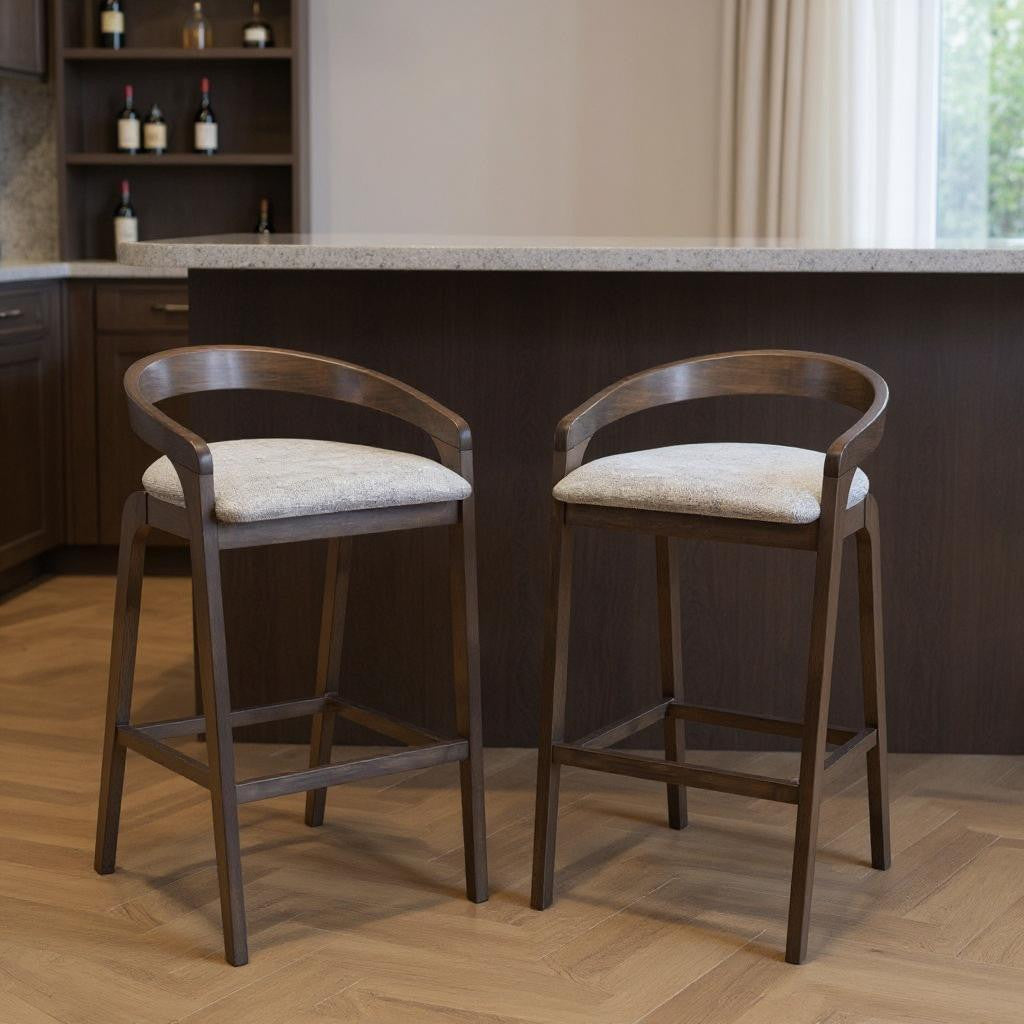 Set of Two 31" Gray and Espresso Fabric and Solid Wood Low Back Bar Height Bar Chairs-0