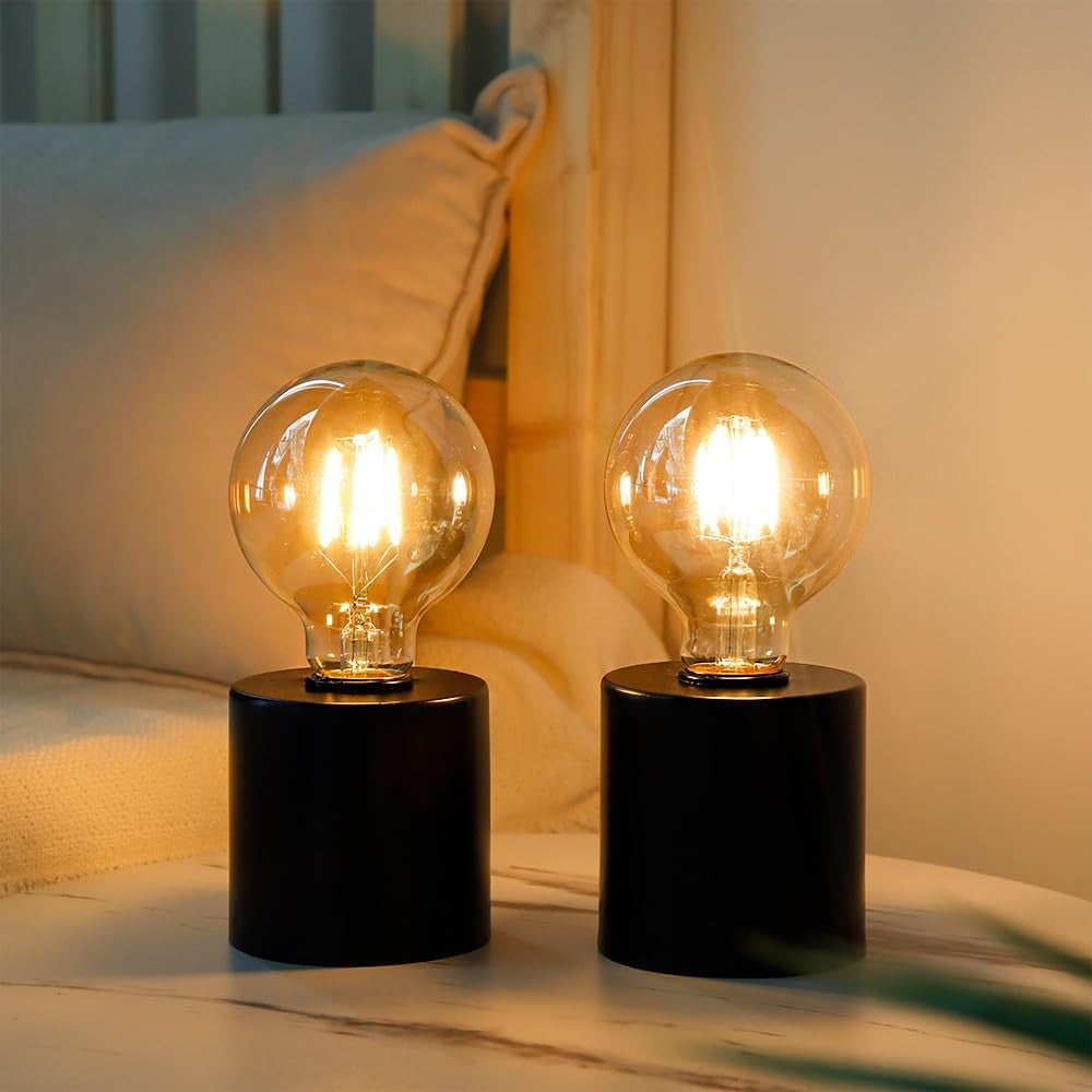 Set of Two 7" Black Metal Lantern Bedside Lamp LED With Clear Novelty Shade-Table Lamps-DECOROLALA