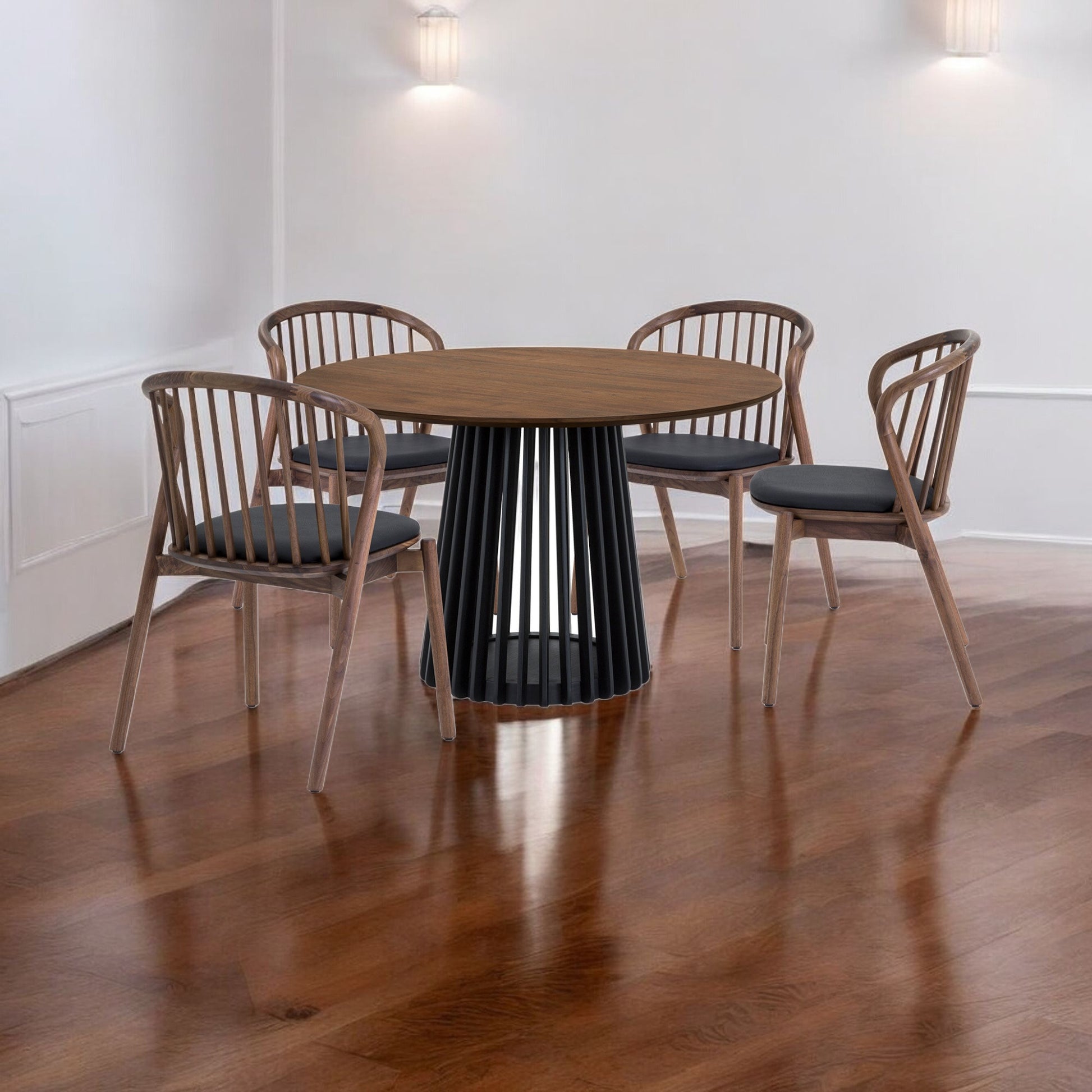 Five Piece Brown and Black Round Dining Set with Four Chairs-Dining Sets-DECOROLALA