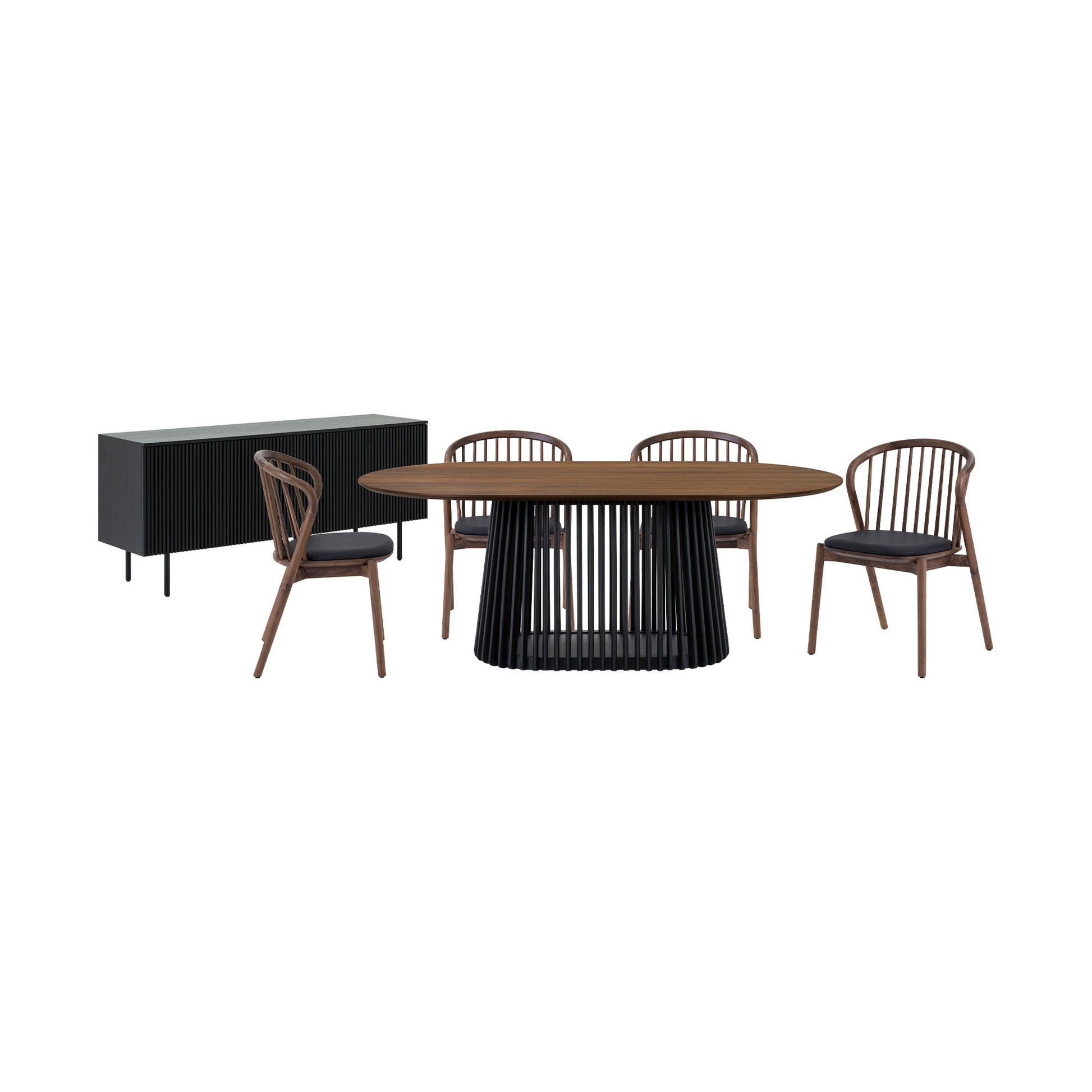 Six Piece Brown and Black Oval Dining Set with Four Chairs and Sideboard-Dining Sets-DECOROLALA