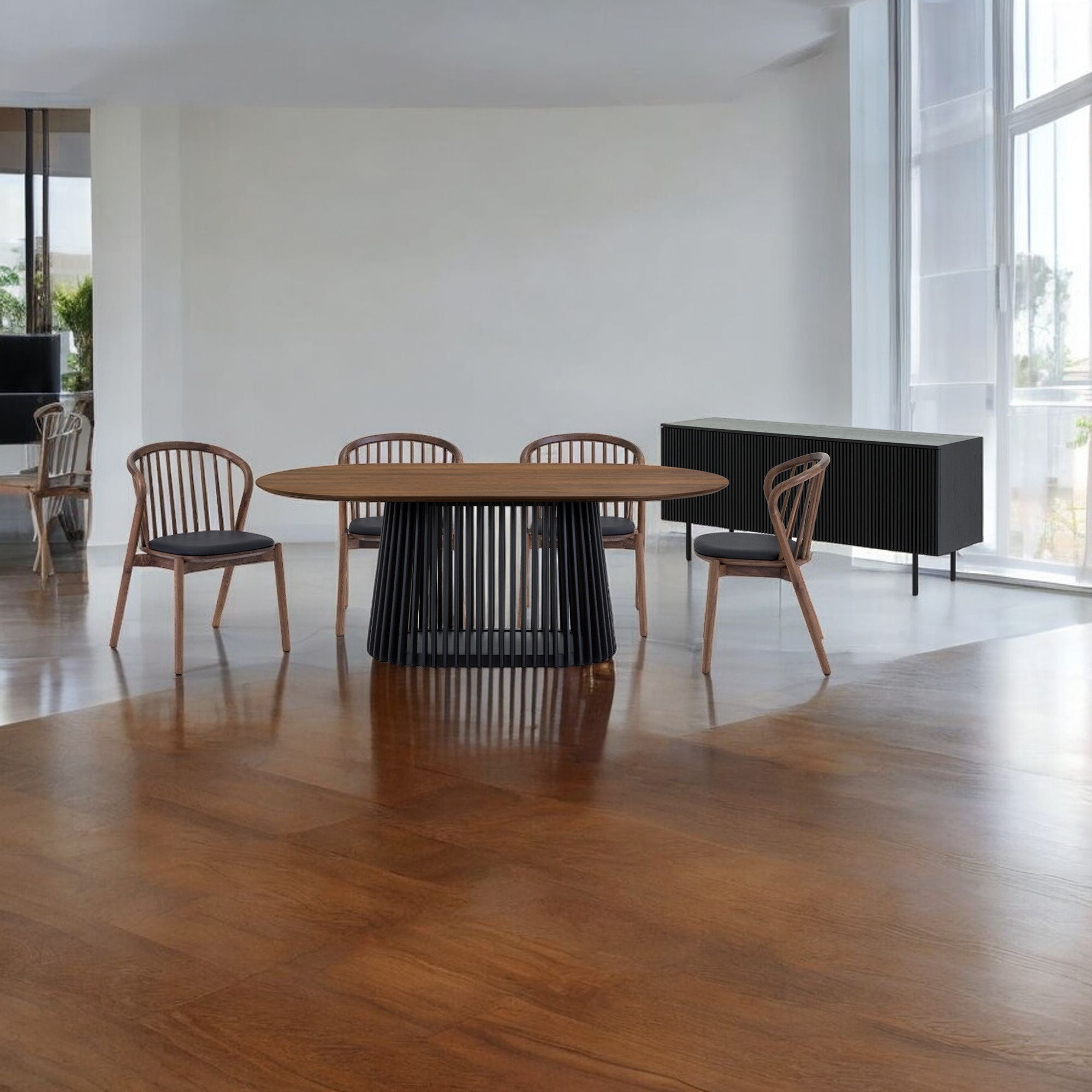 Six Piece Brown and Black Oval Dining Set with Four Chairs and Sideboard-Dining Sets-DECOROLALA