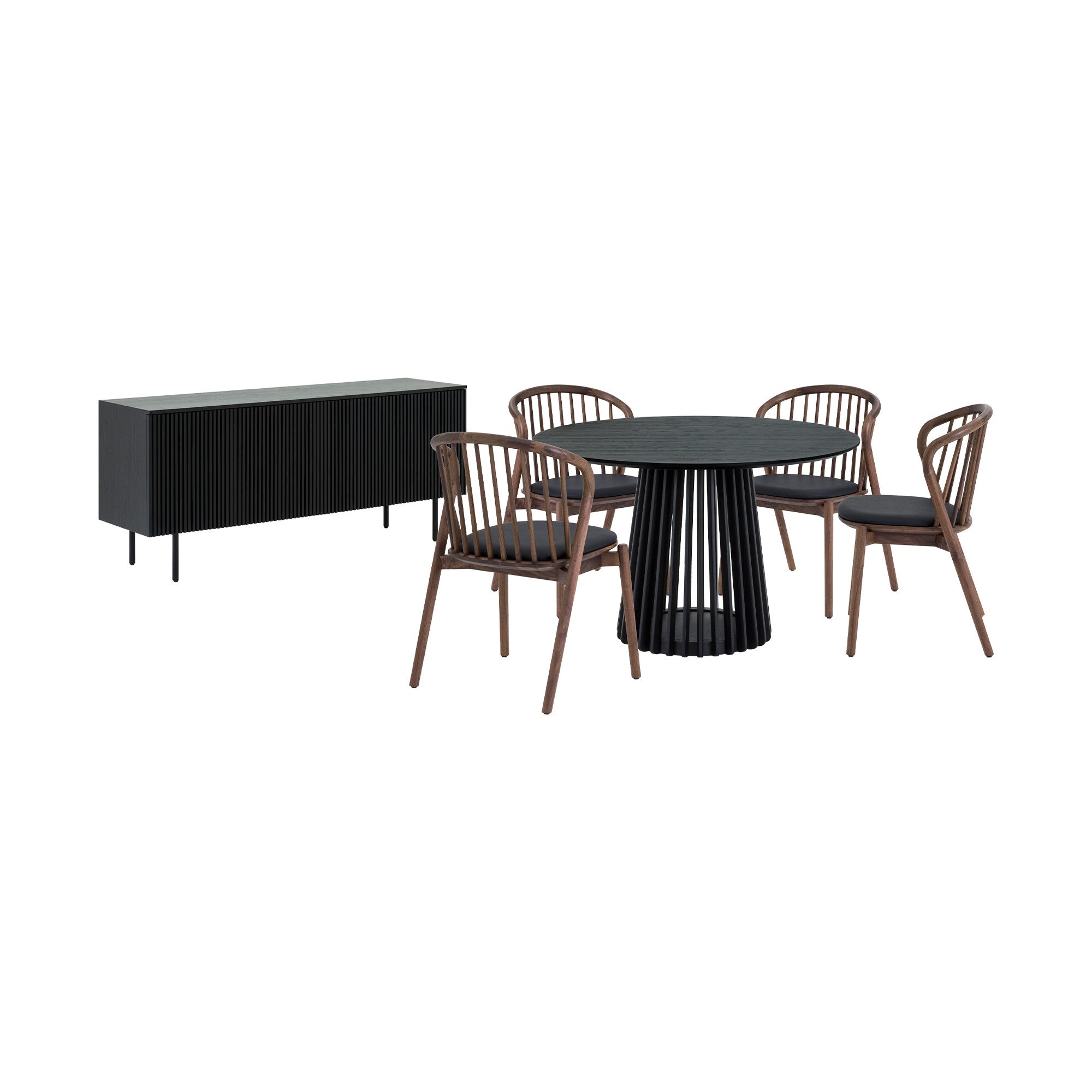 Six Piece Black Round Dining Set with Four Chairs and Sideboard-Dining Sets-DECOROLALA