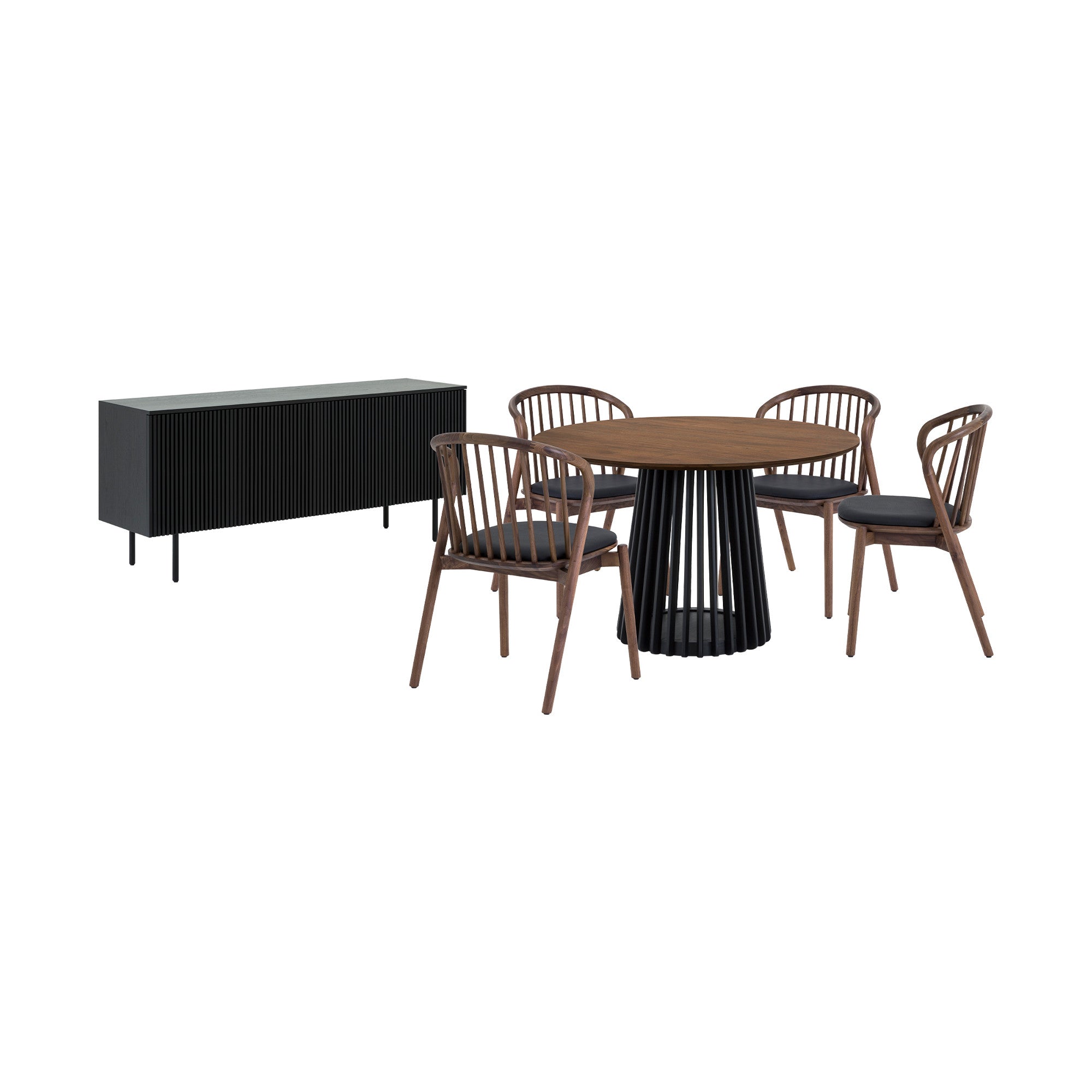 Six Piece Brown and Black Round Dining Set with Four Chairs and Sideboard-Dining Sets-DECOROLALA