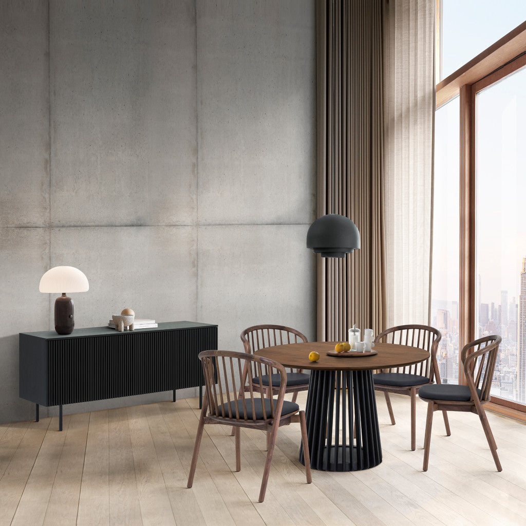 Six Piece Brown and Black Round Dining Set with Four Chairs and Sideboard-Dining Sets-DECOROLALA