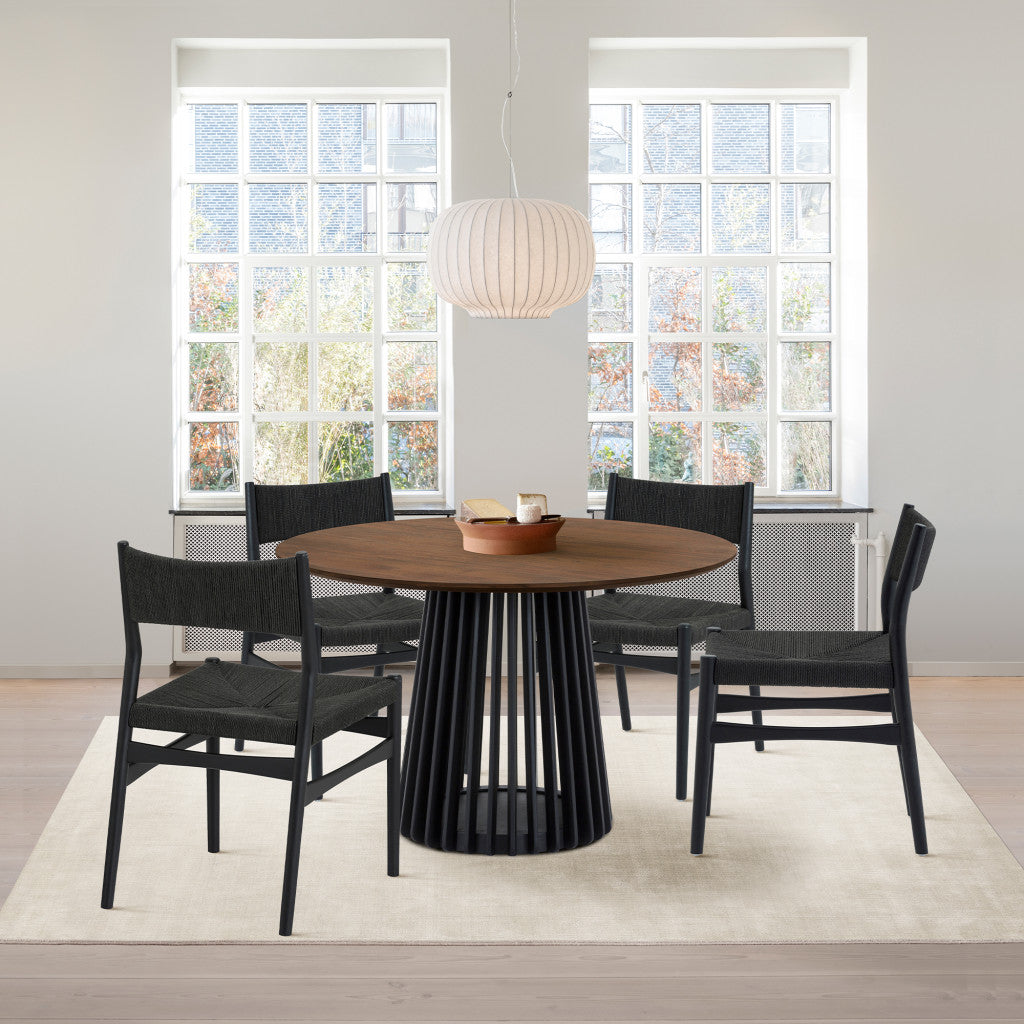 Five Piece Brown and Black Round Dining Set with Four Chairs-Dining Sets-DECOROLALA