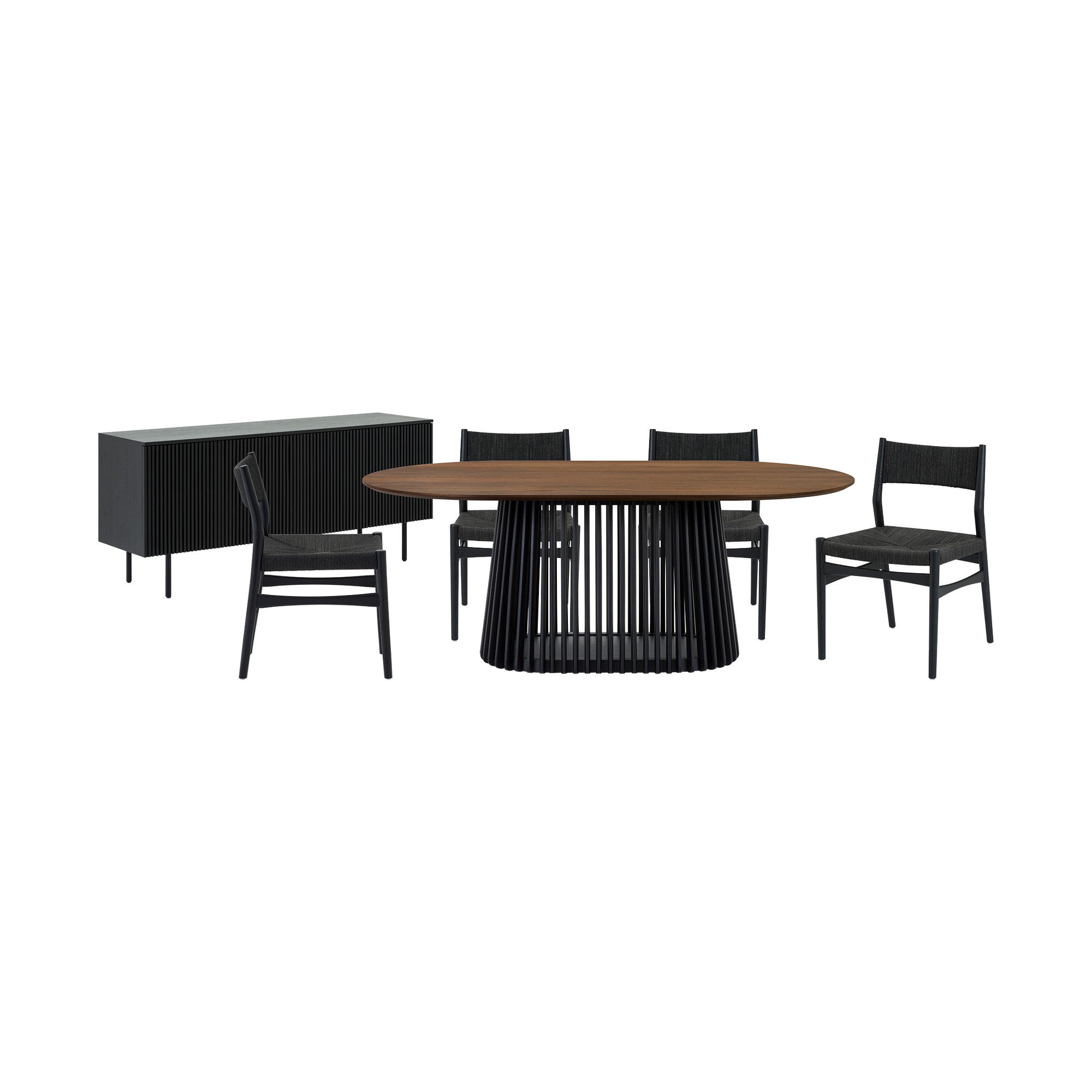Six Piece Brown and Black Oval Dining Set with Four Chairs and Sideboard-Dining Sets-DECOROLALA