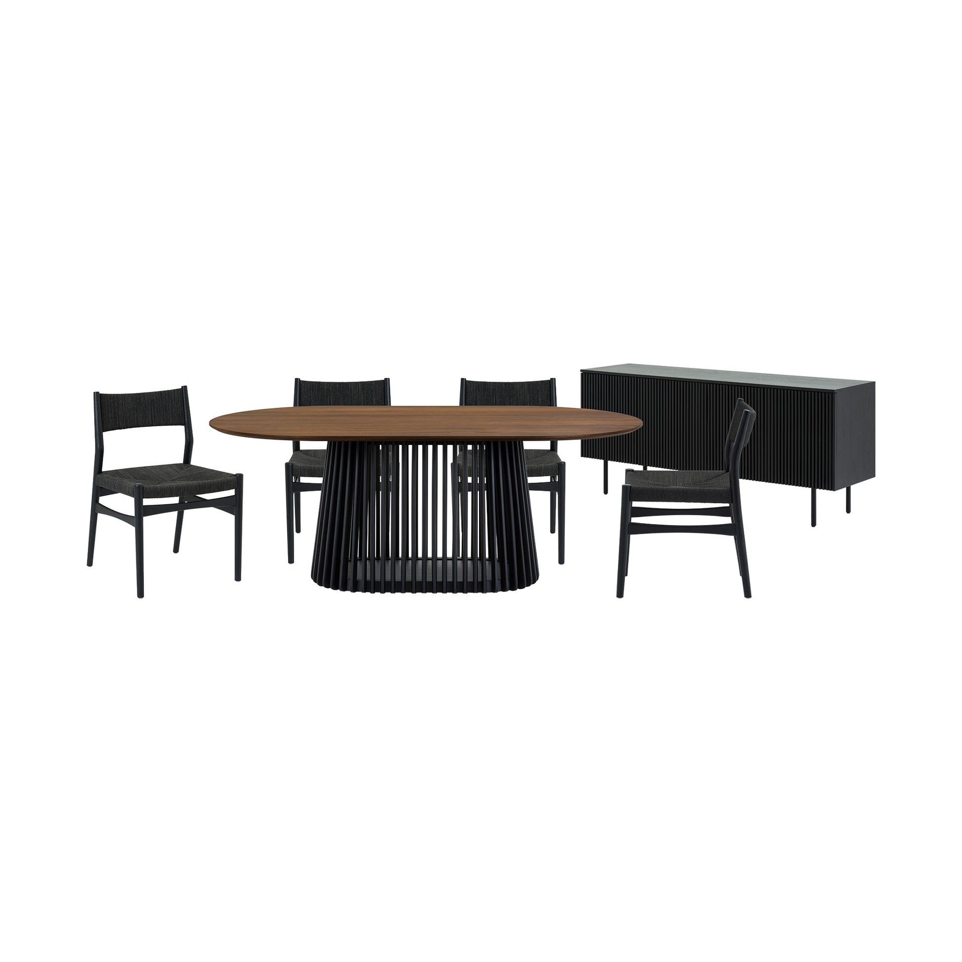 Six Piece Brown and Black Oval Dining Set with Four Chairs and Sideboard-Dining Sets-DECOROLALA