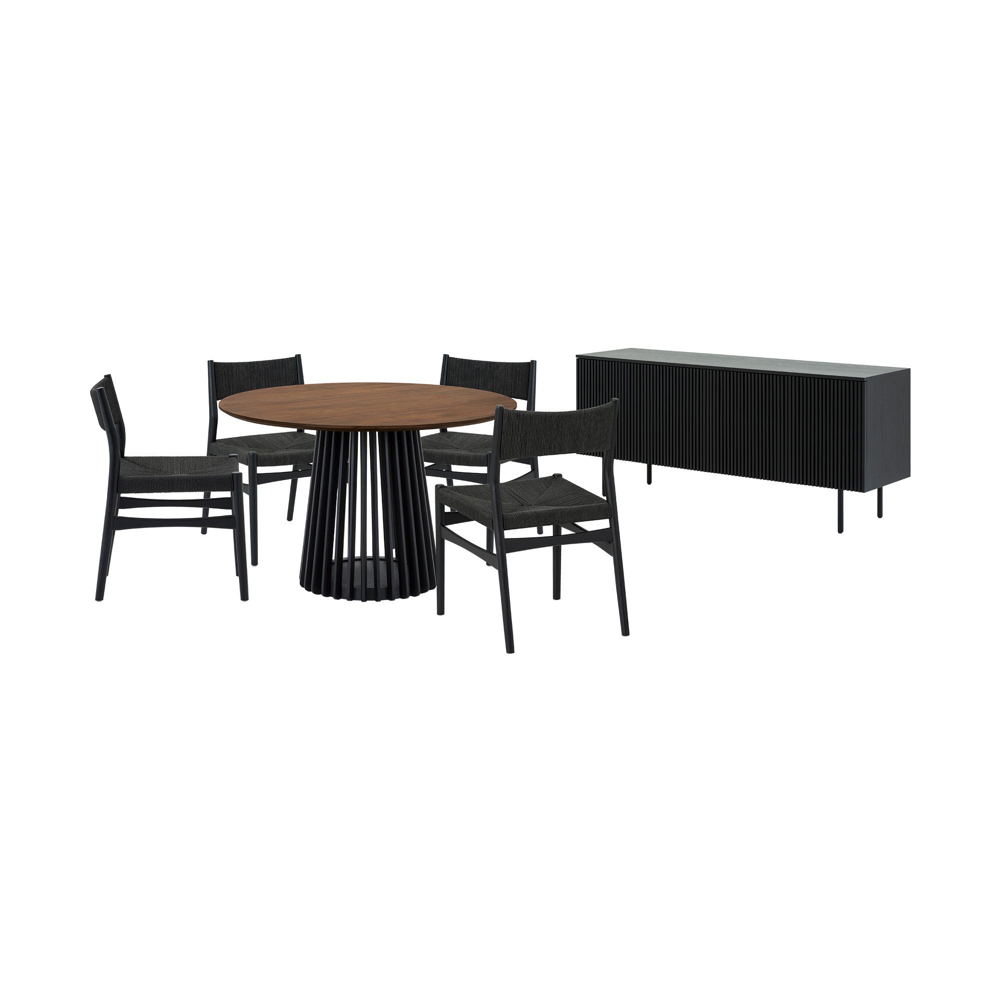 Six Piece Brown and Black Round Dining Set with Four Chairs and Sideboard-Dining Sets-DECOROLALA