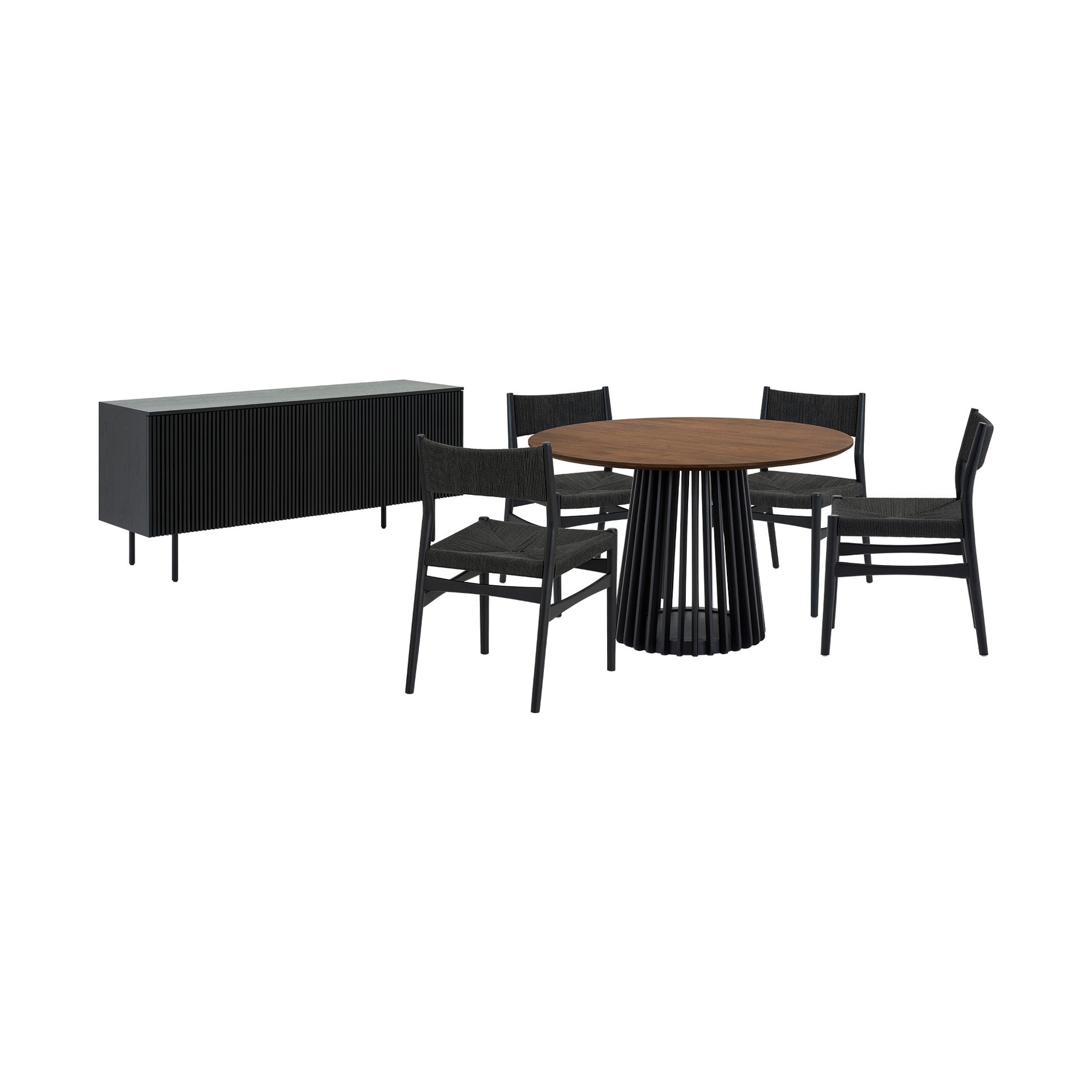 Six Piece Brown and Black Round Dining Set with Four Chairs and Sideboard-Dining Sets-DECOROLALA