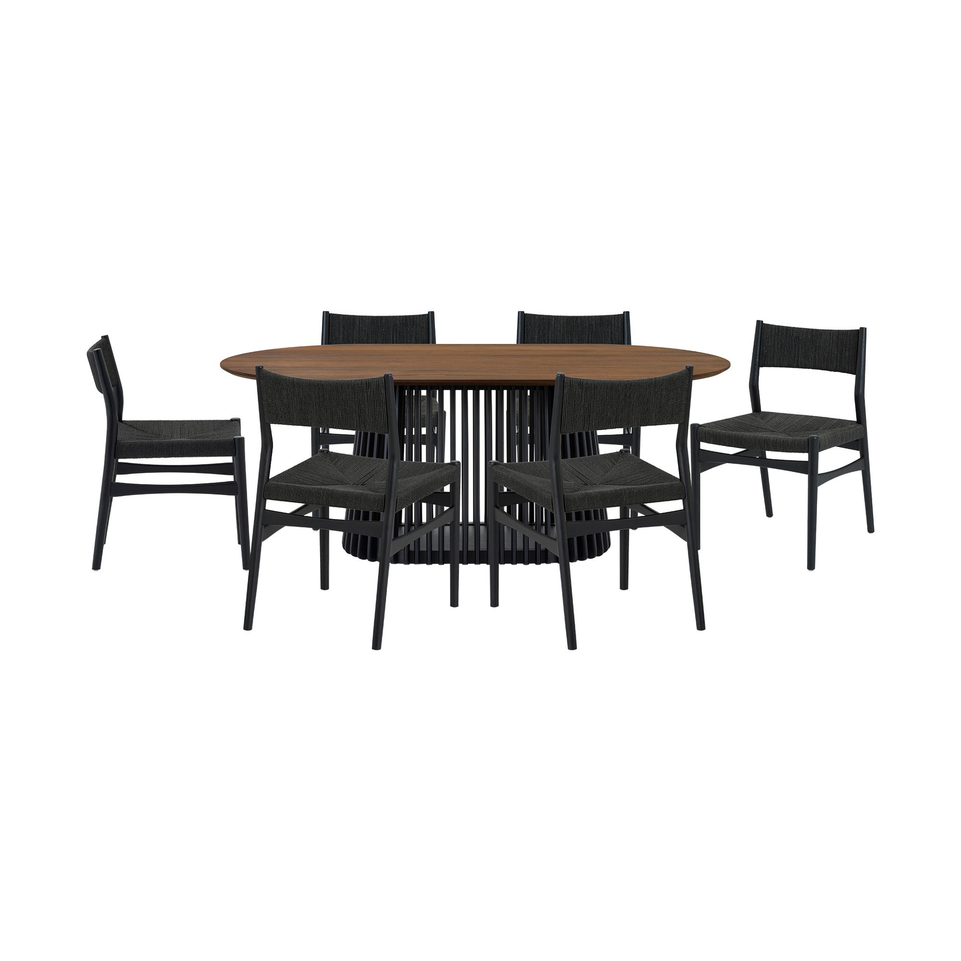 Seven Piece Brown and Black Oval Dining Set with Six Chairs-Dining Sets-DECOROLALA