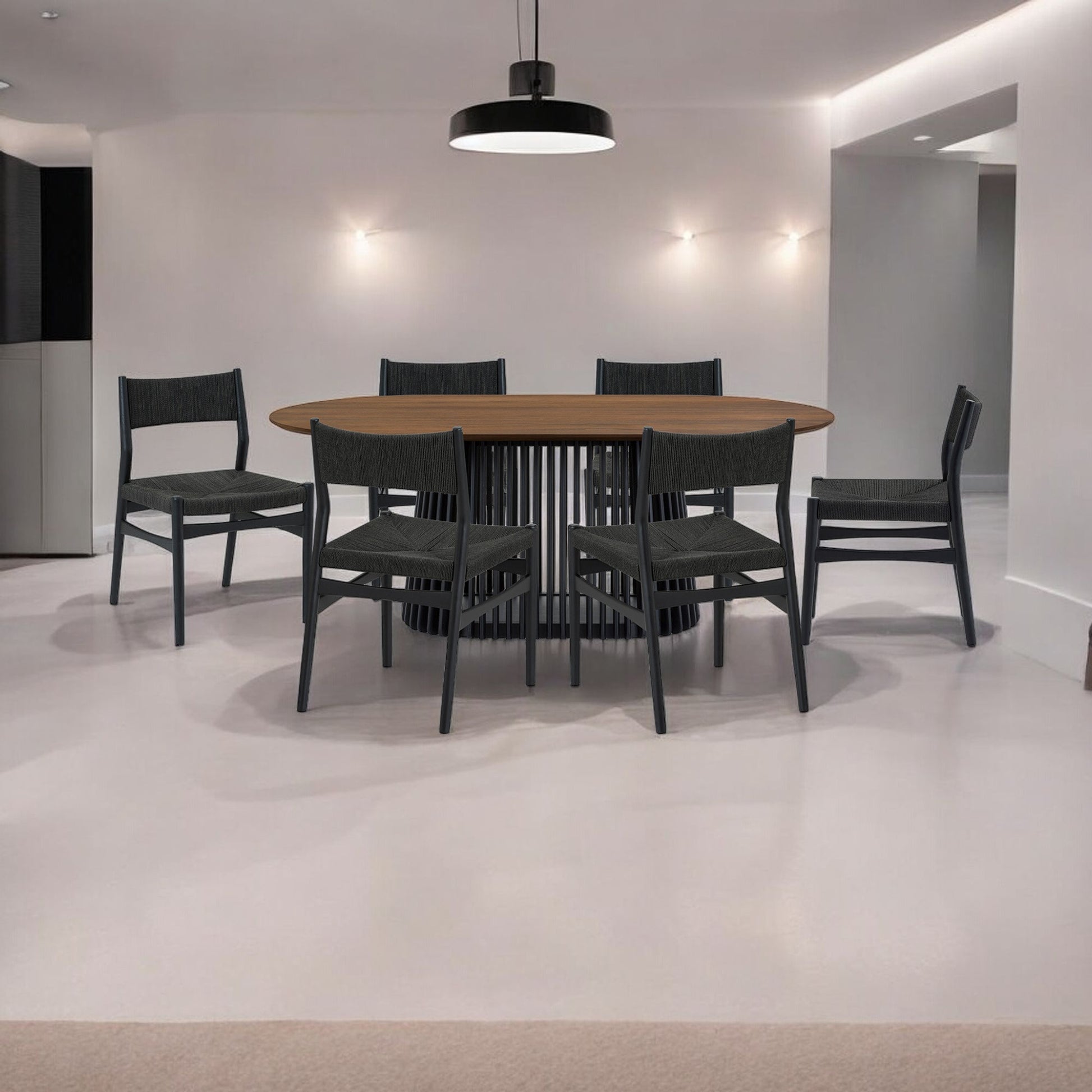 Seven Piece Brown and Black Oval Dining Set with Six Chairs-Dining Sets-DECOROLALA