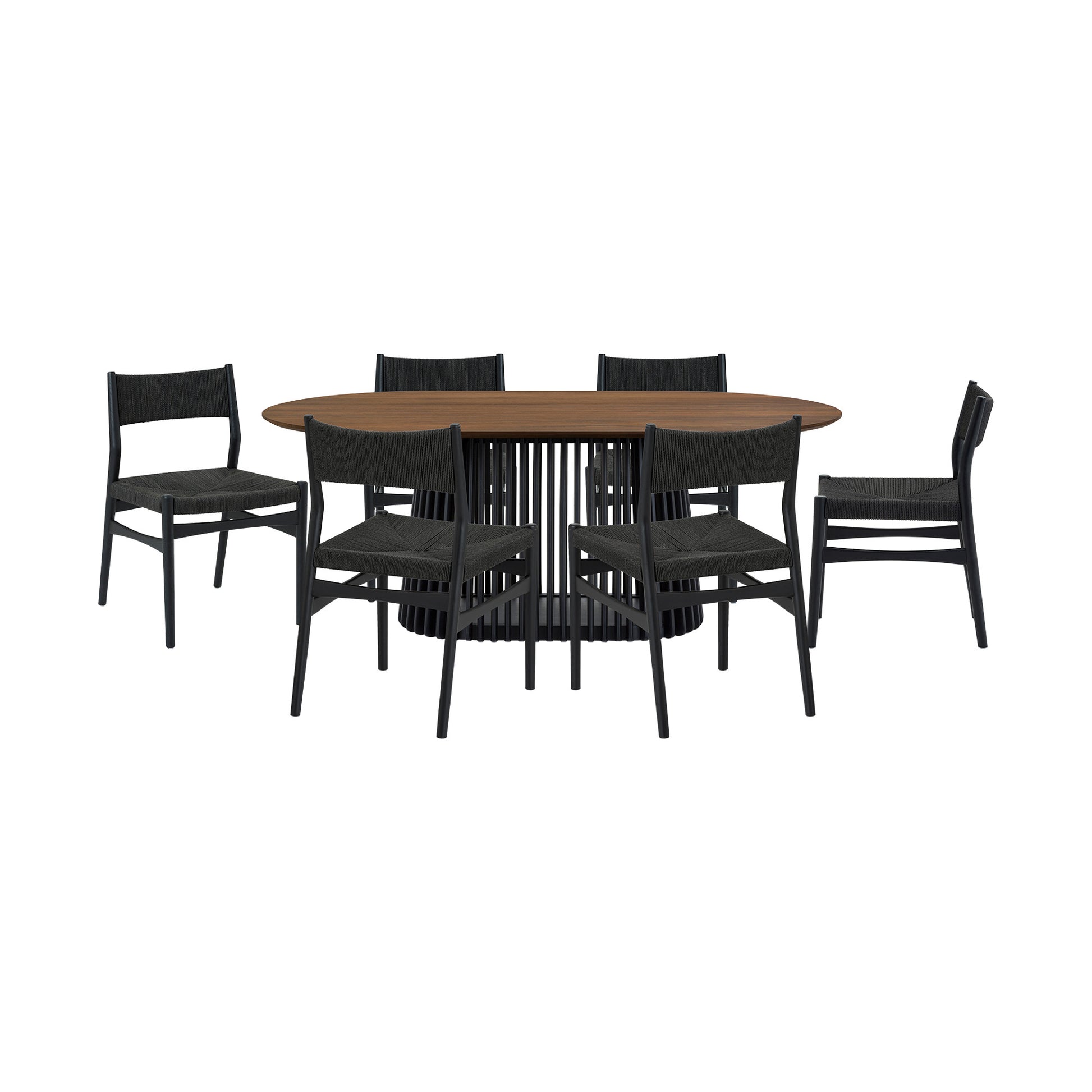 Seven Piece Brown and Black Oval Dining Set with Six Chairs-Dining Sets-DECOROLALA