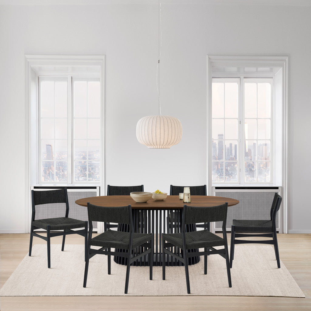 Seven Piece Brown and Black Oval Dining Set with Six Chairs-Dining Sets-DECOROLALA