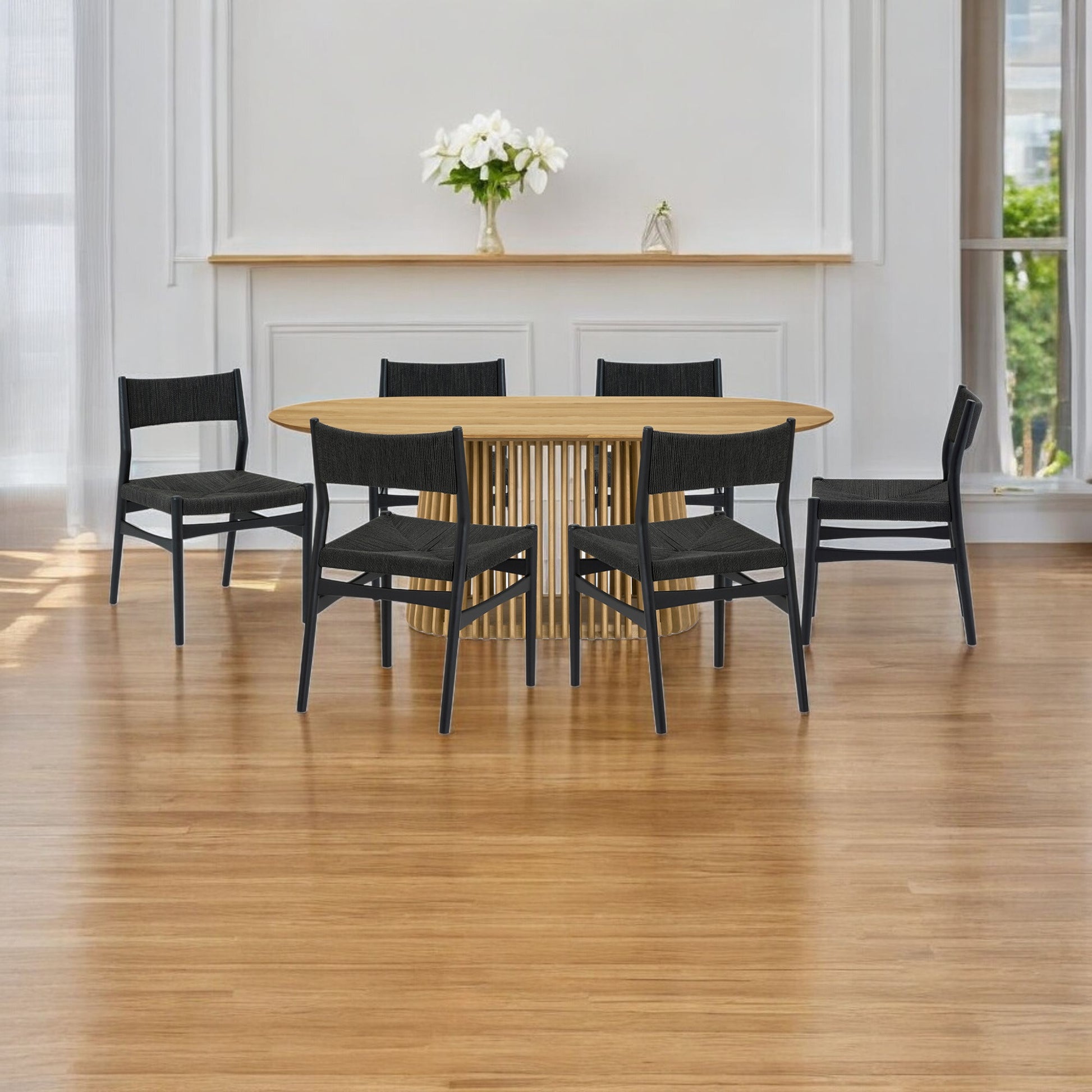 Seven Piece Oak Oval Dining Set with Six Chairs-Dining Sets-DECOROLALA
