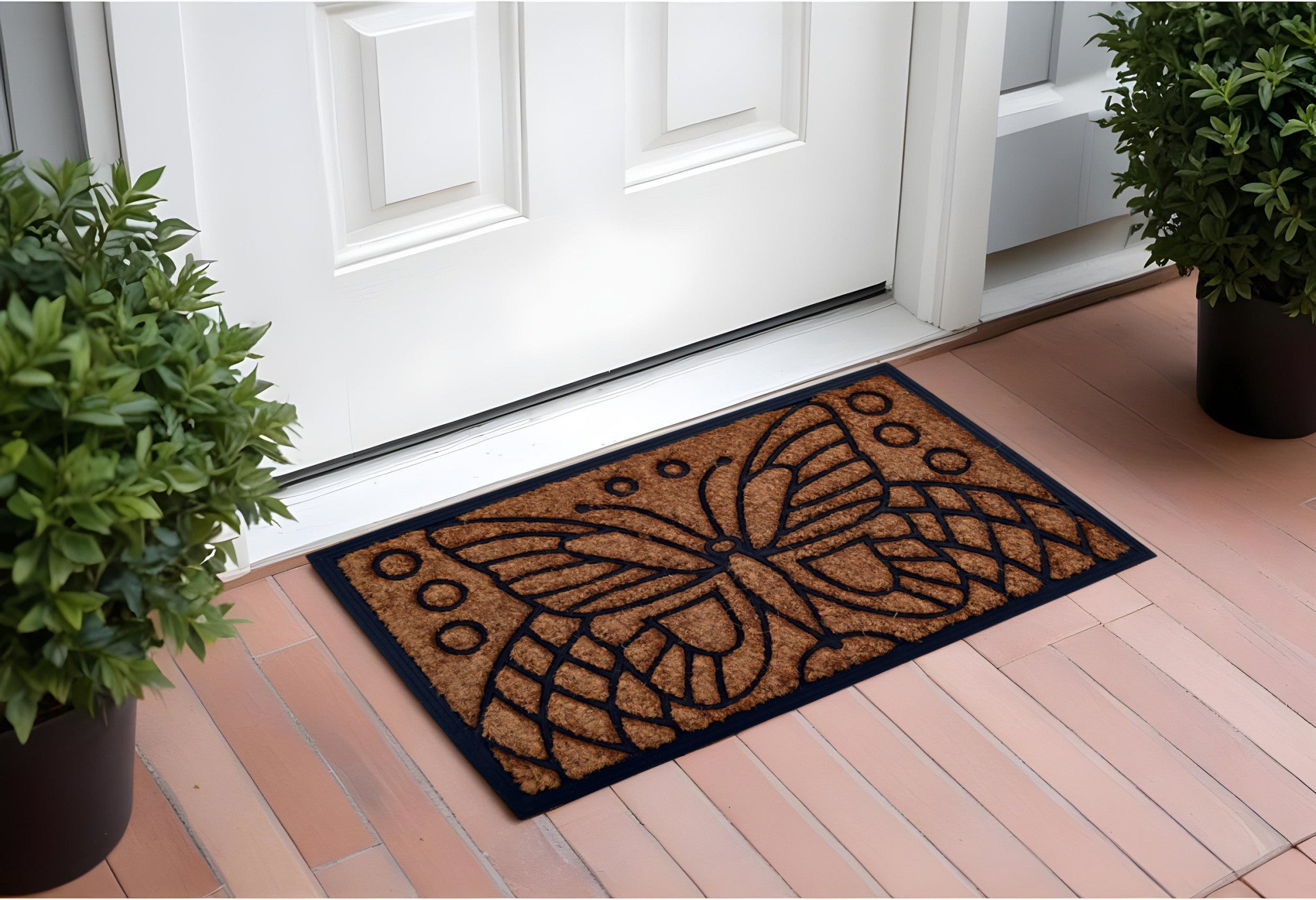 18" X 30" Beige and Black Rubber and Coir Outdoor Door Mat-1