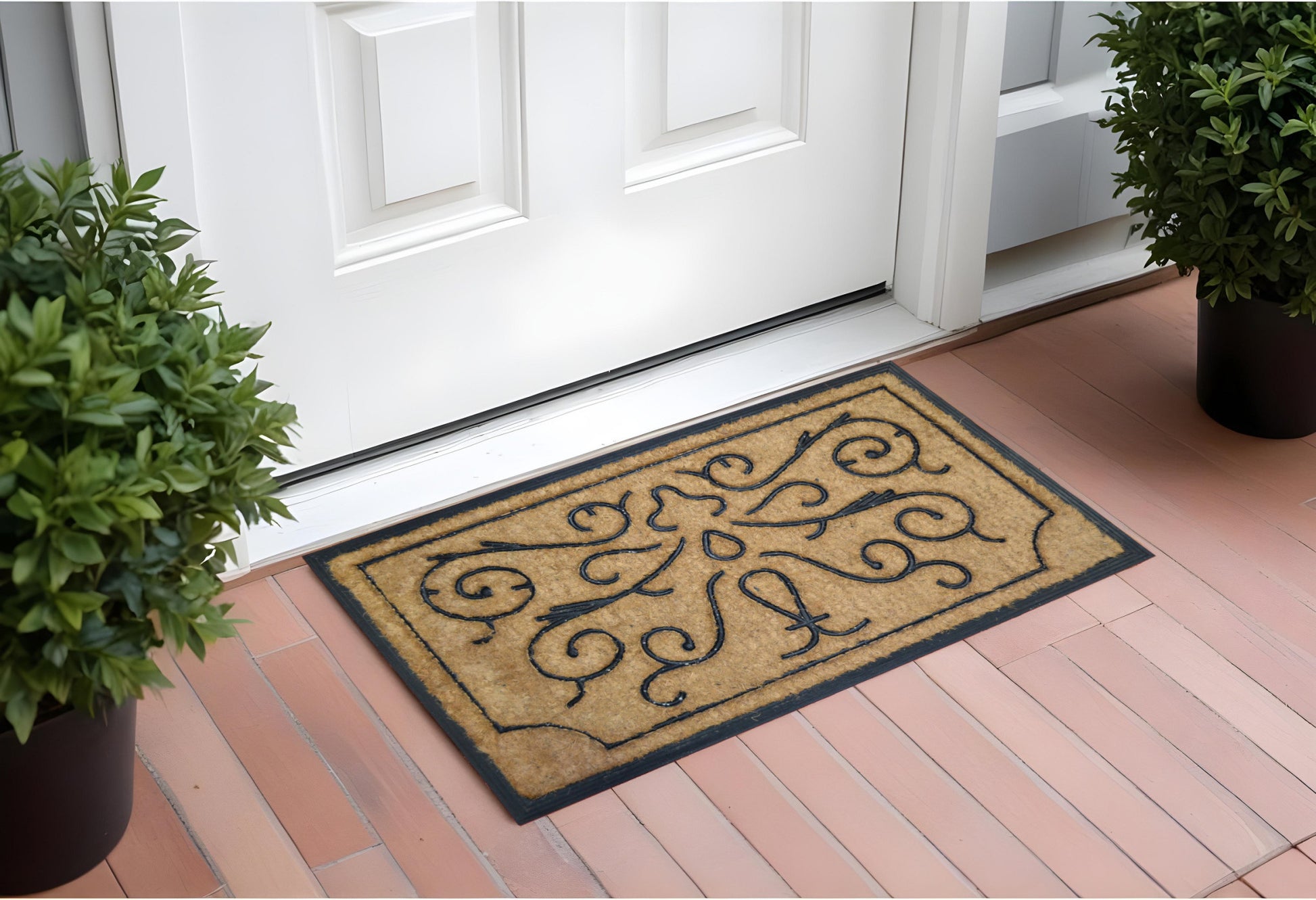 18" X 30" Beige and Black Rubber and Coir Outdoor Door Mat-1