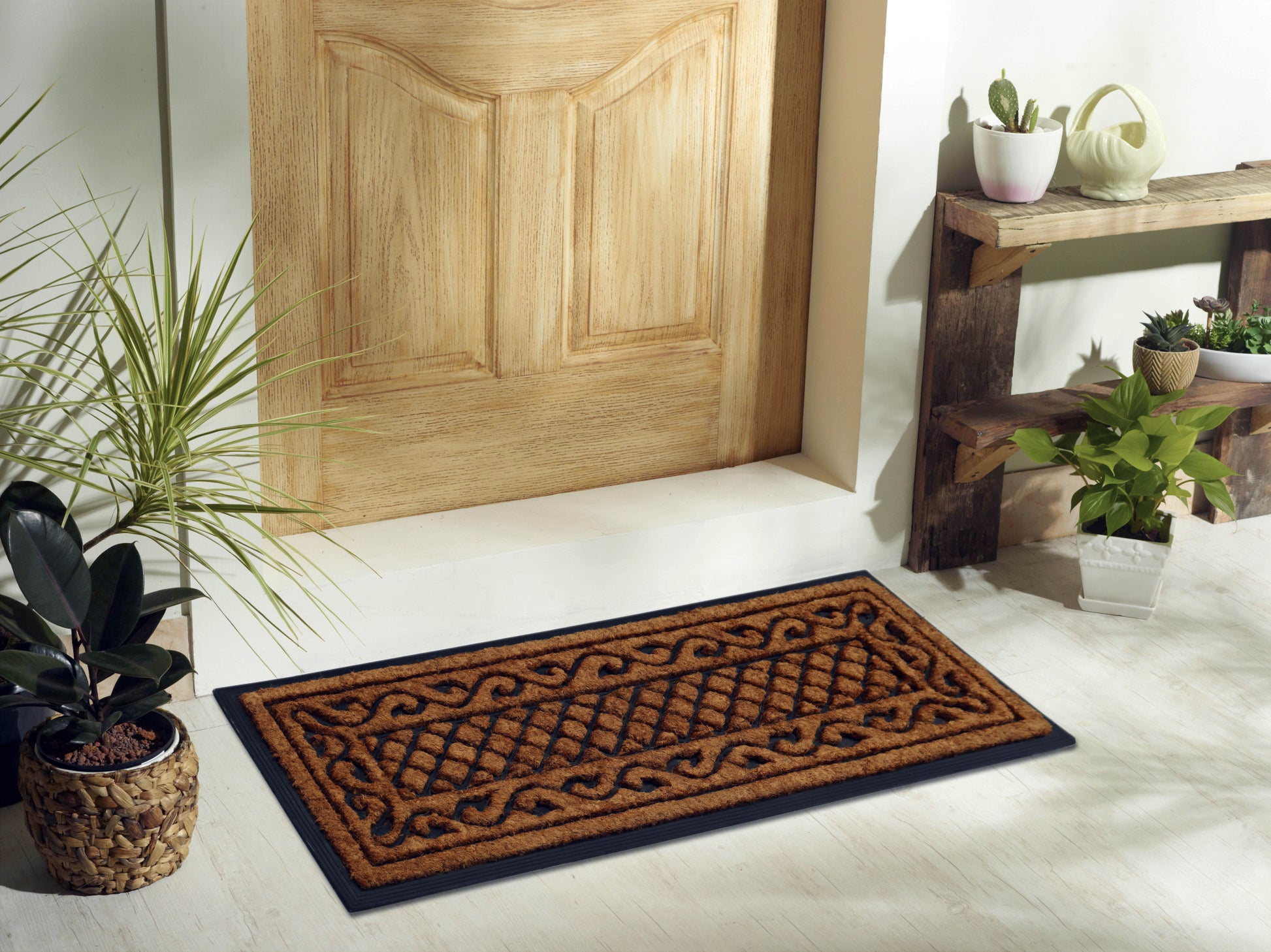 18" X 47" Beige and Black Rubber and Coir Outdoor Door Mat-4