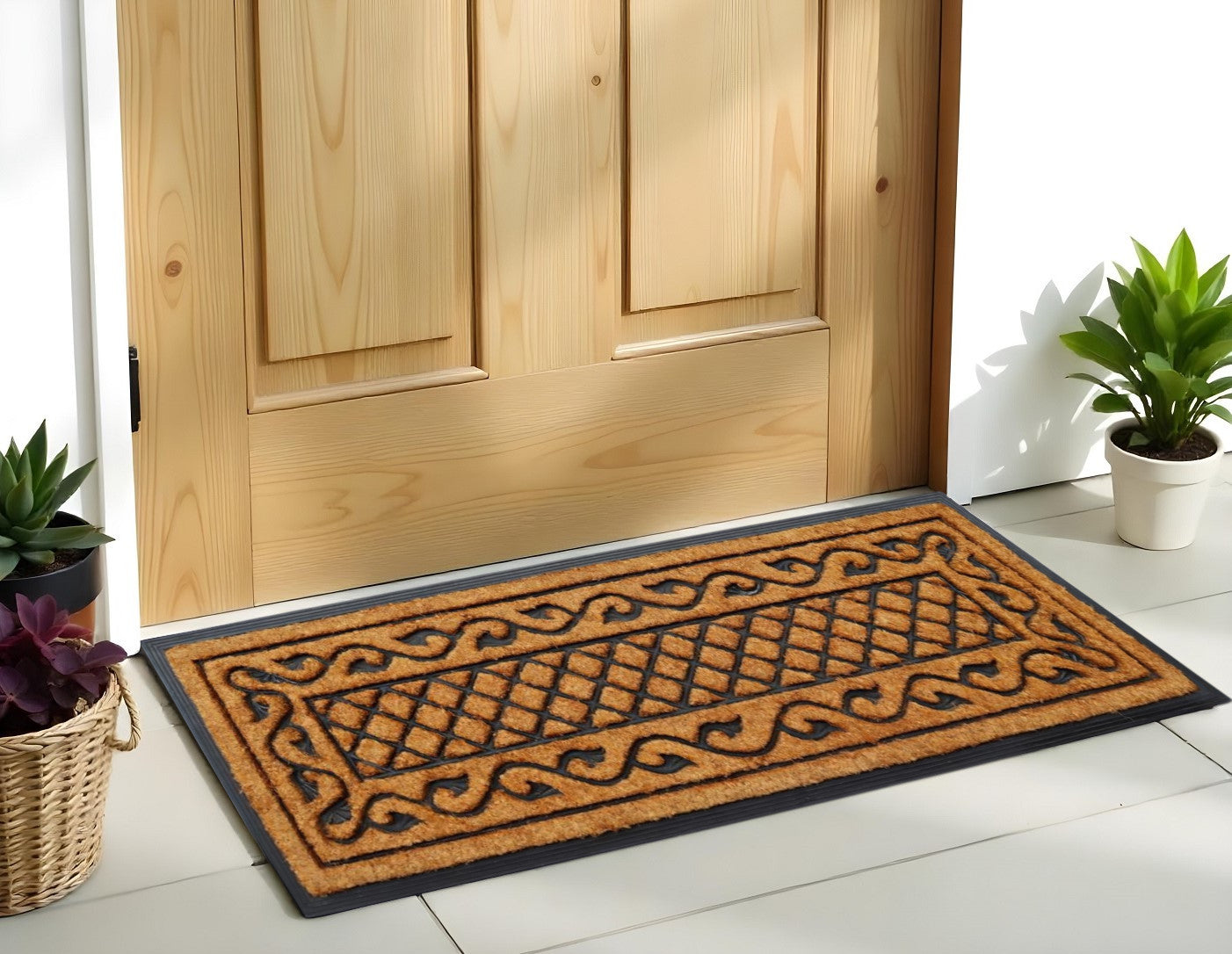 18" X 47" Beige and Black Rubber and Coir Outdoor Door Mat-1