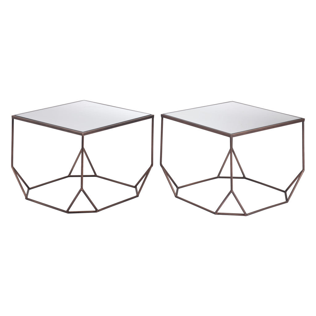 Set of Two Silver and Bronze Mirrored Glass and Steel Square Abstract Bunching Coffee Tables-Coffee Tables-DECOROLALA