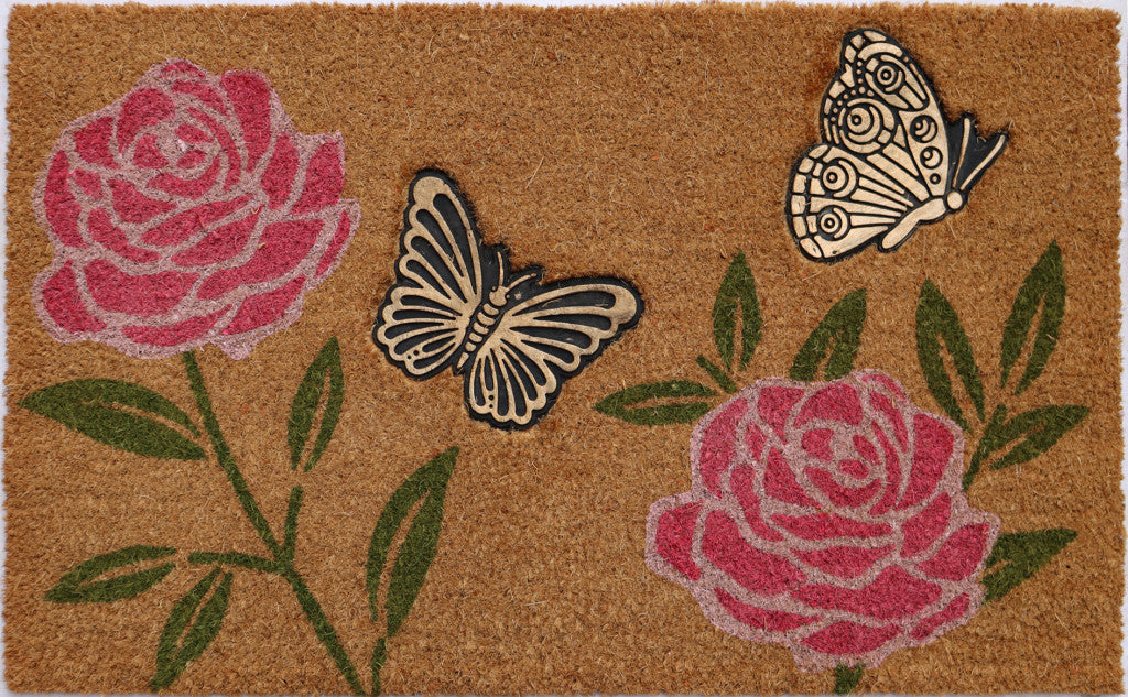 18" X 30" Beige and Pink Coir Floral Outdoor Door Mat-1