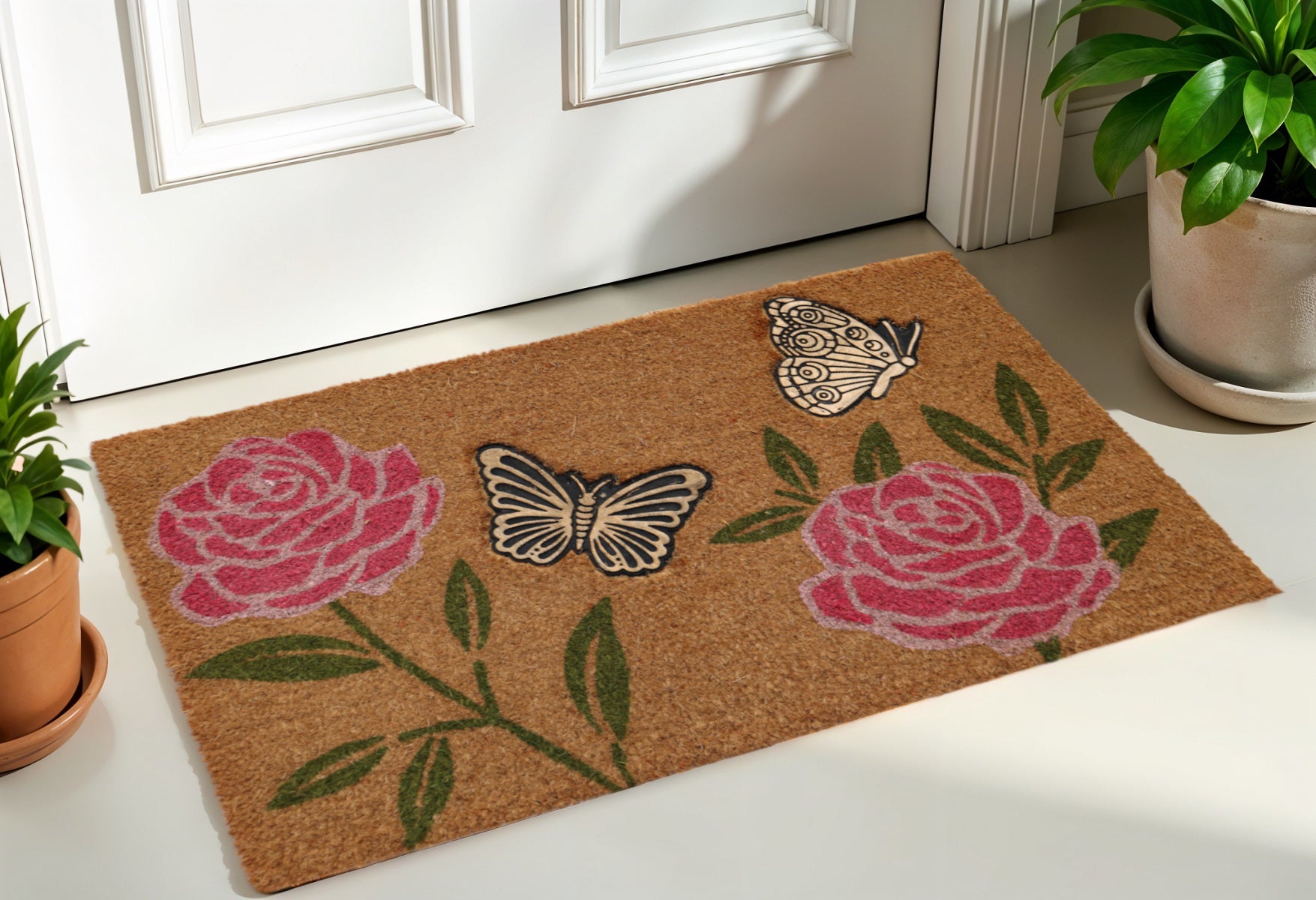18" X 30" Beige and Pink Coir Floral Outdoor Door Mat-0