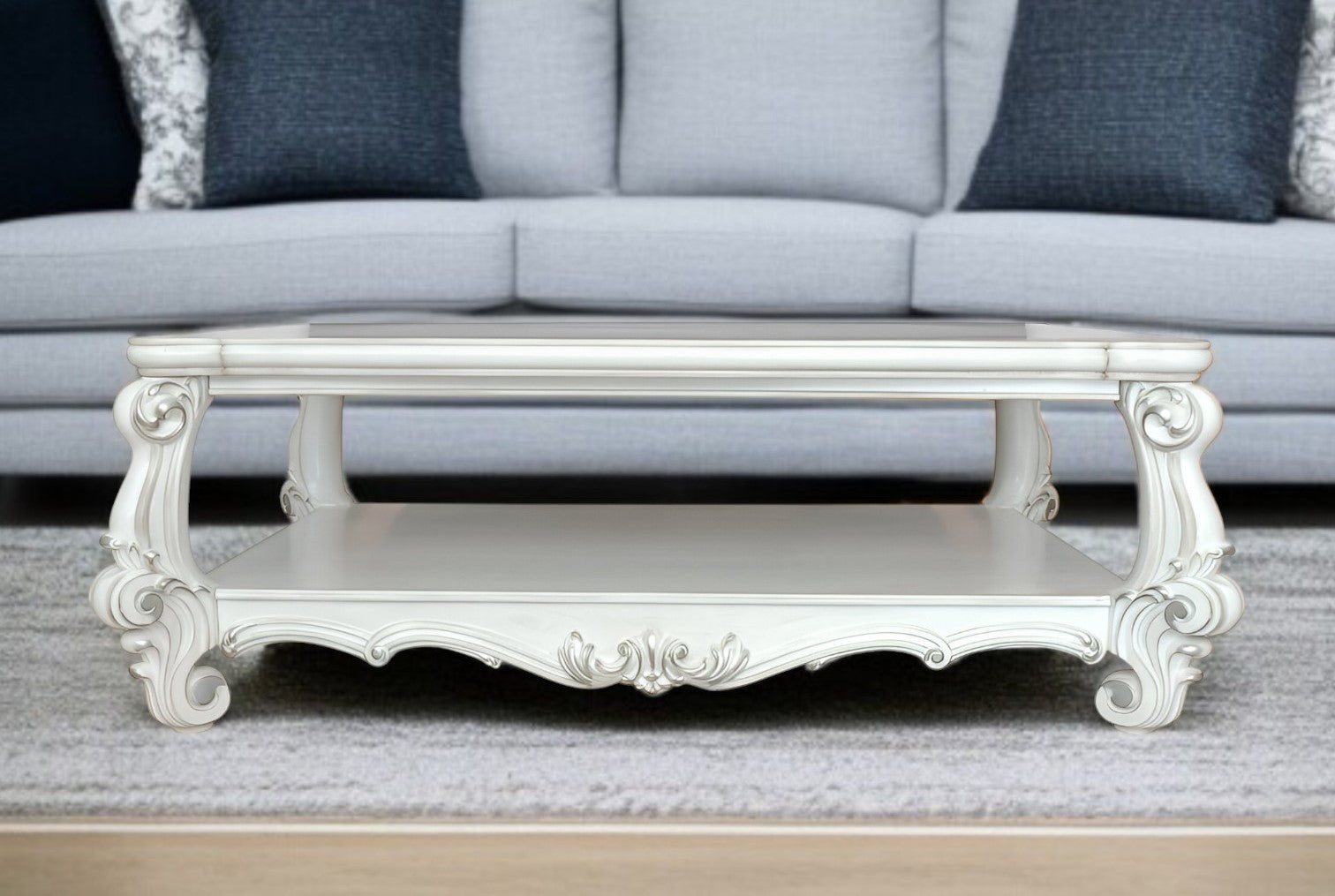 57" White Wood Ornate Coffee Table With Shelf-0