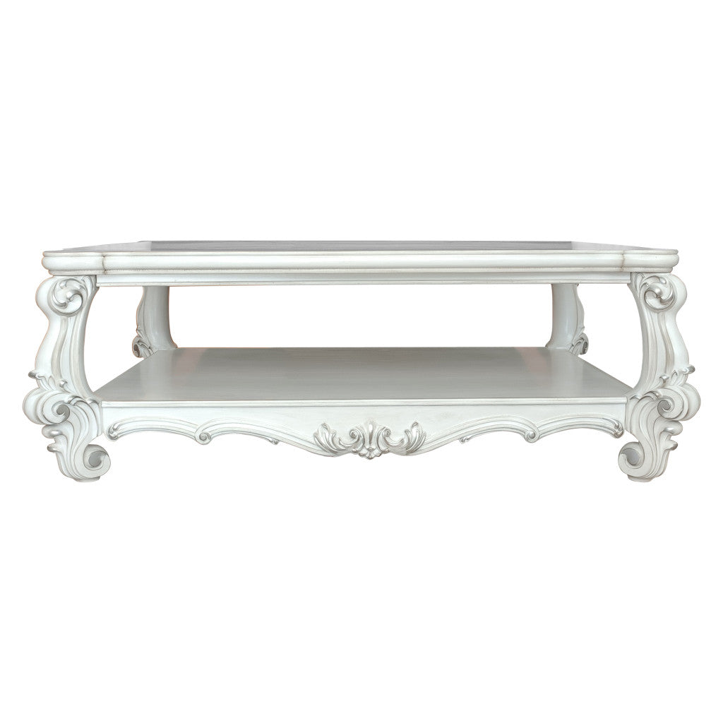 57" White Wood Ornate Coffee Table With Shelf-1