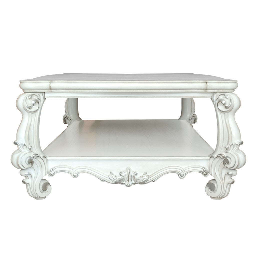 57" White Wood Ornate Coffee Table With Shelf-4