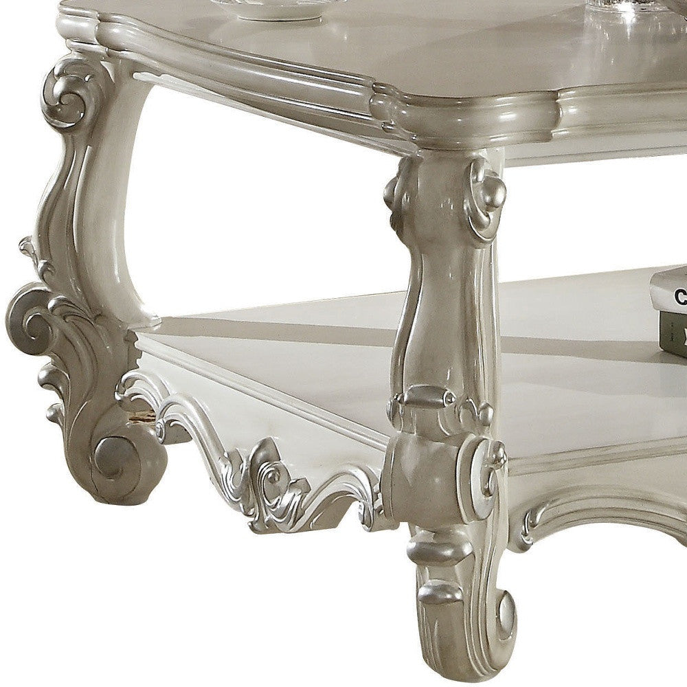 57" White Wood Ornate Coffee Table With Shelf-6