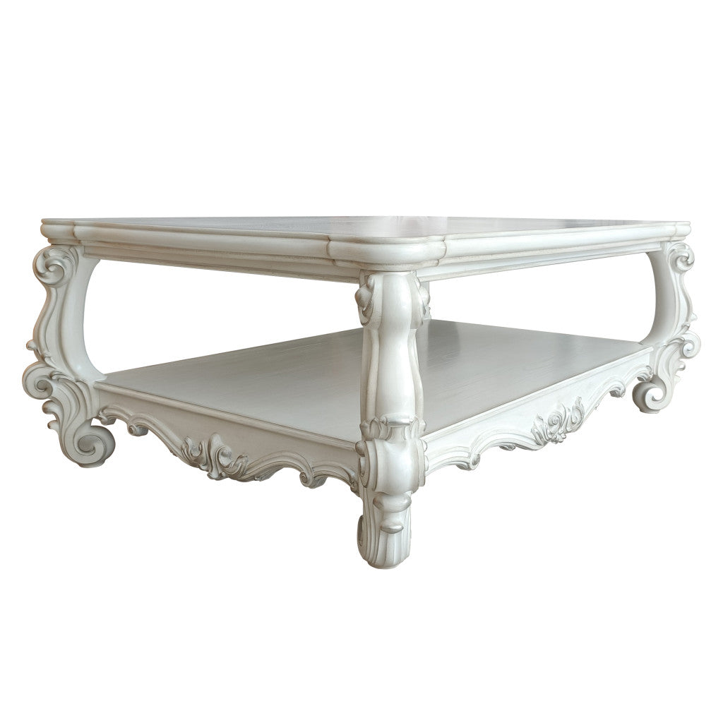 57" White Wood Ornate Coffee Table With Shelf-2