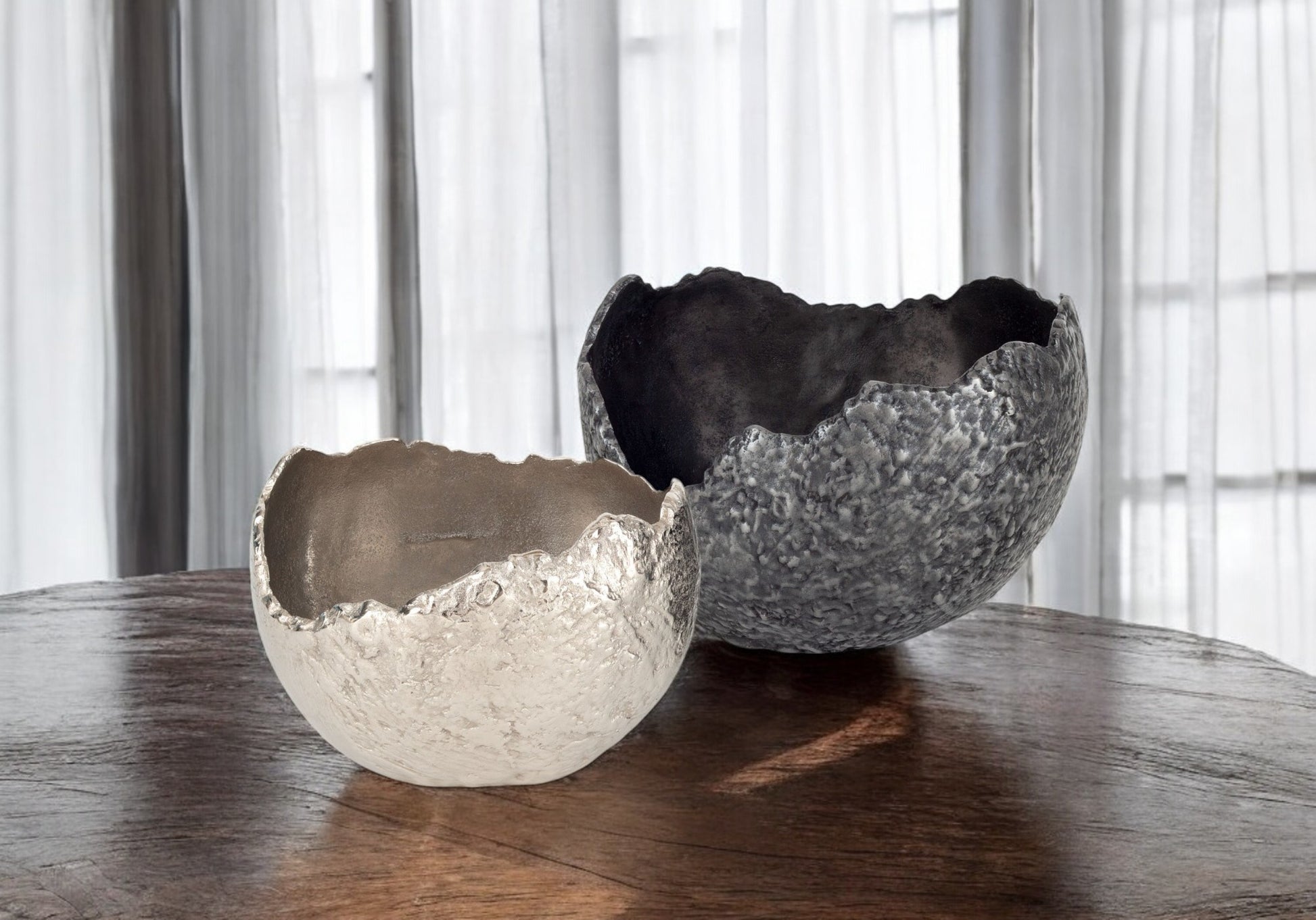 Set of Two Gray And Silver Aluminum Decorative Bowls-Sculptures-DECOROLALA