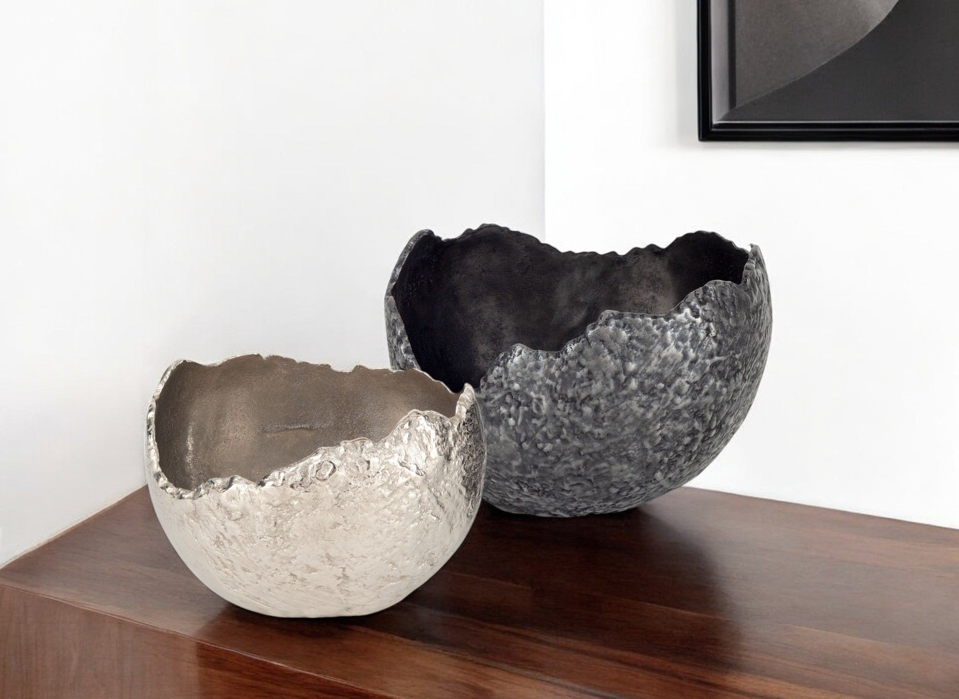 Set of Two Gray And Silver Aluminum Decorative Bowls-Sculptures-DECOROLALA
