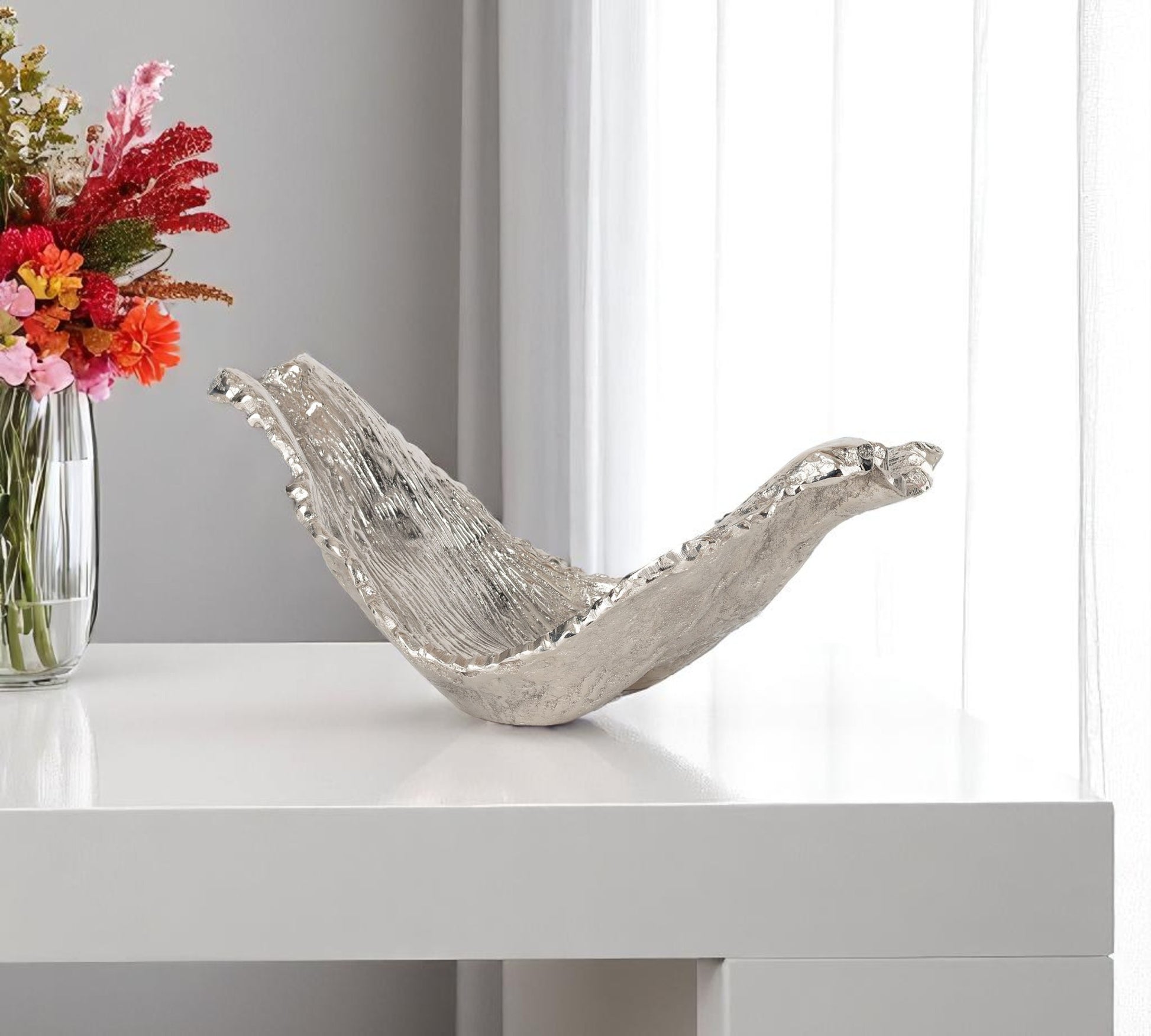 11" Silver Aluminum Organic Shaped Decorative Bowl-Sculptures-DECOROLALA